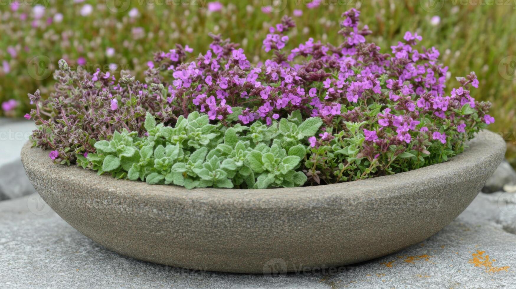 Purple and Green Flowers in a Grey Stone Pot photo