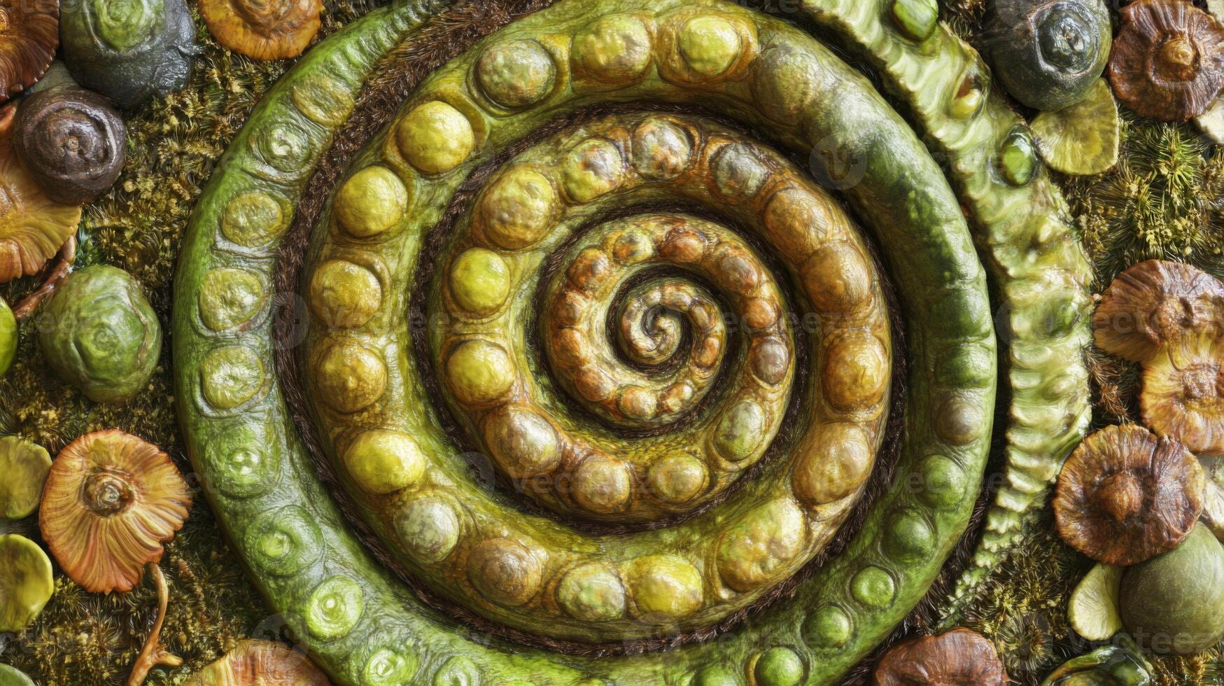 Intricate Green and Gold Spiral Shell Pattern photo