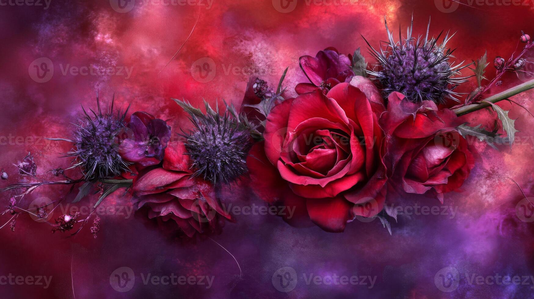 Red Roses and Purple Flowers in a Cosmic Setting photo
