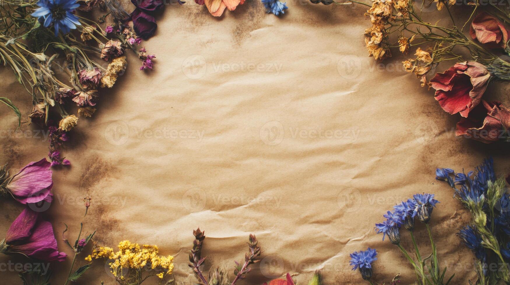 Dried Flower Frame on Kraft Paper Background photo