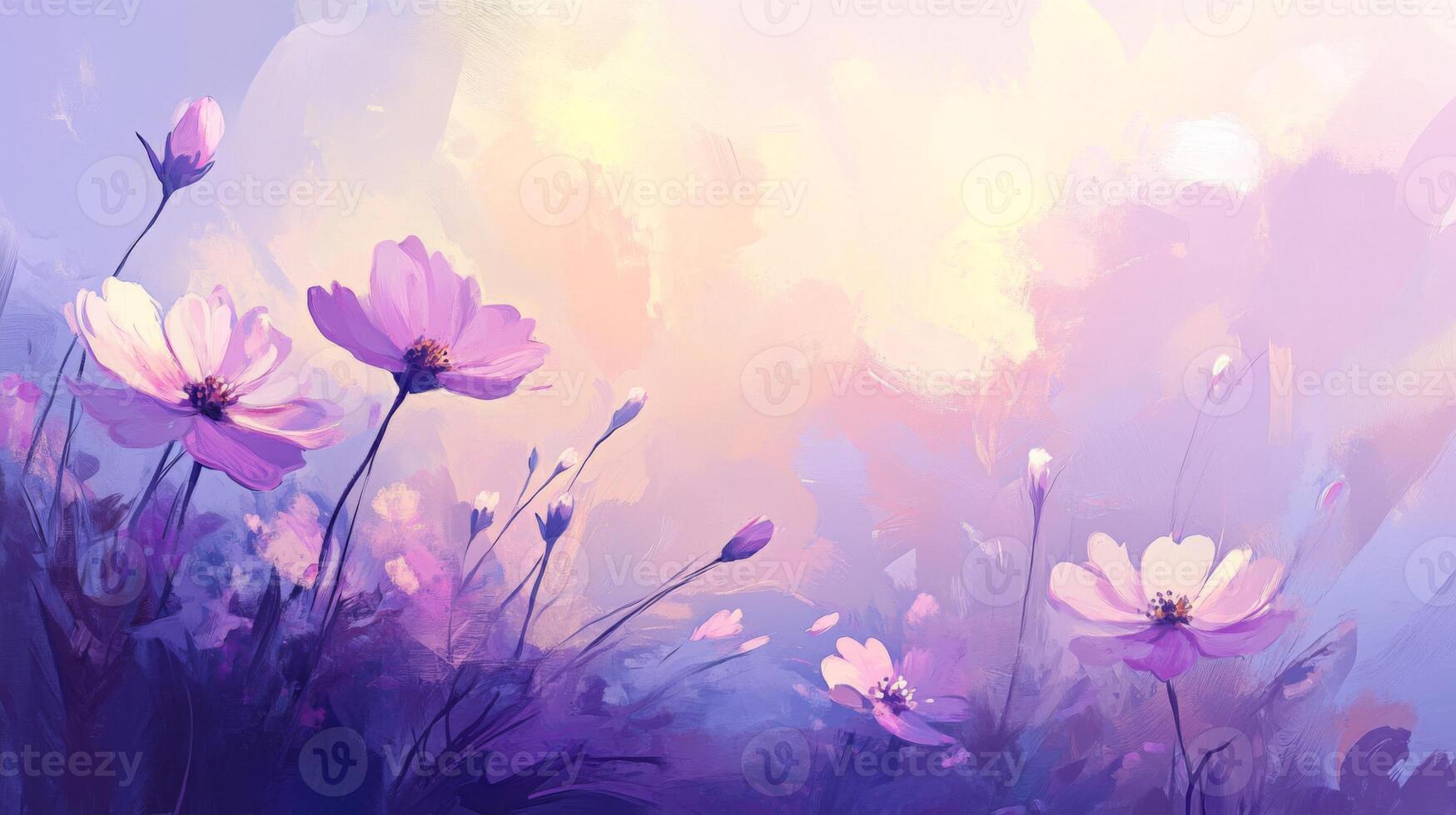 Pastel Pink and Purple Cosmos Flowers in a Dreamy Field at Sunrise photo