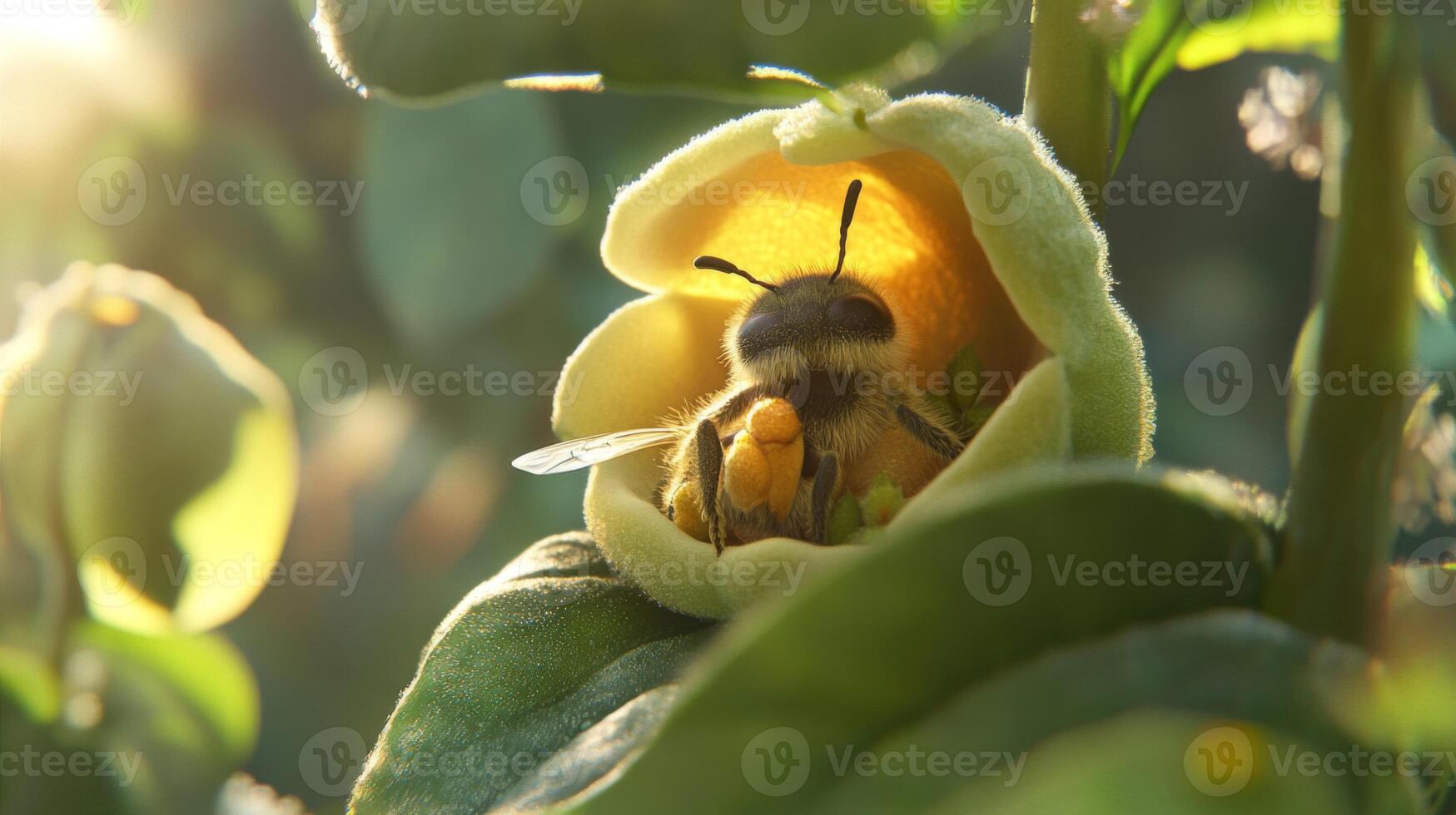 Closeup of a Bee Inside a Yellow Flower Petal photo