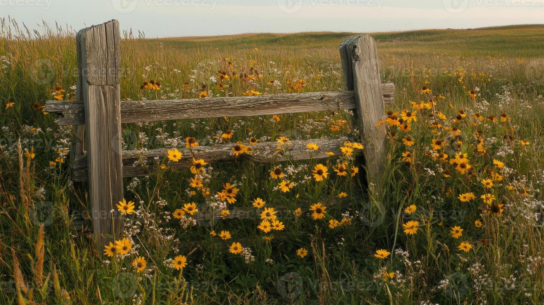 Rustic Wooden Fence in a Sunlit Wildflower Field photo