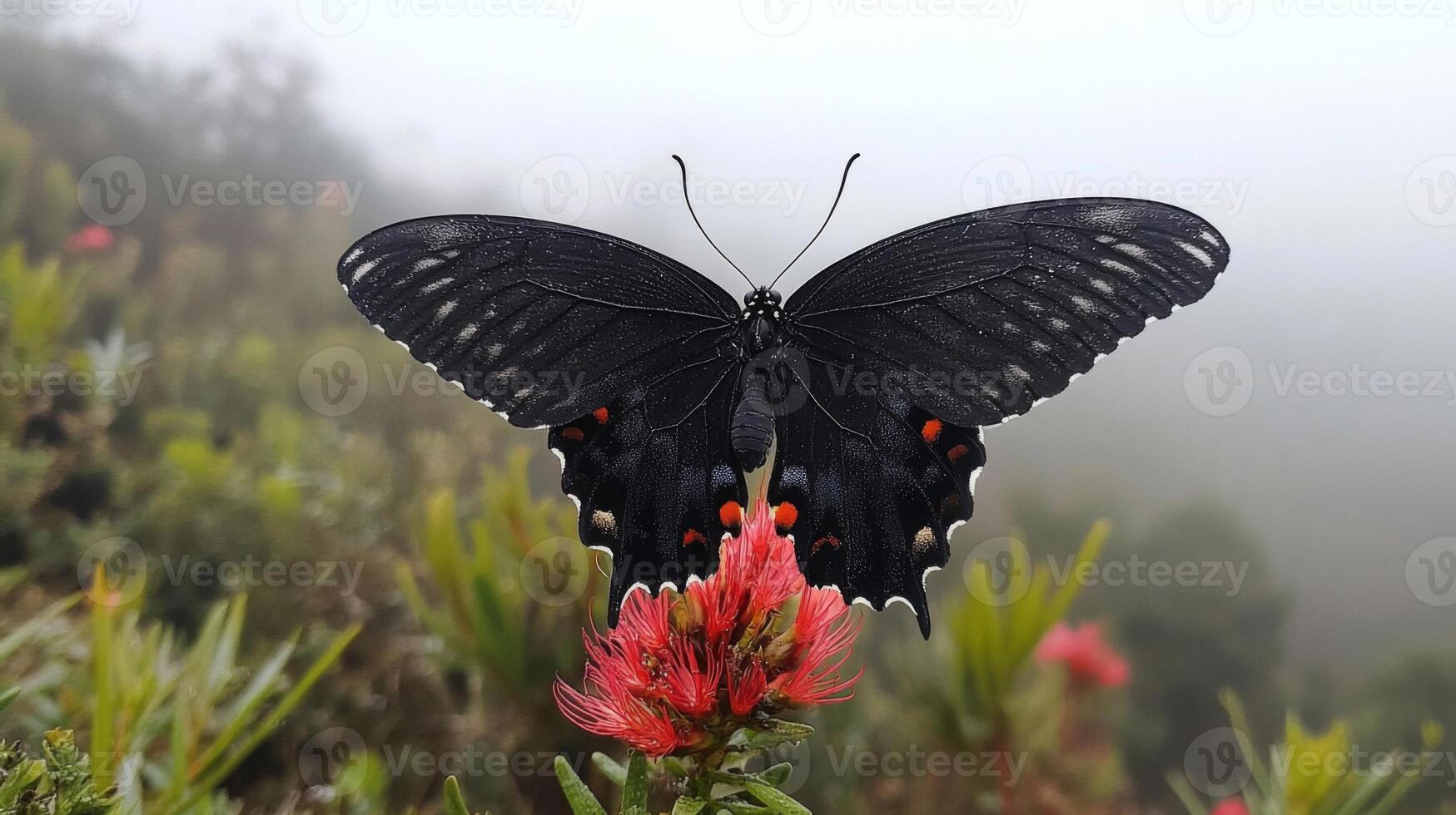 Black Butterfly on Red Flower in Foggy Mountain photo