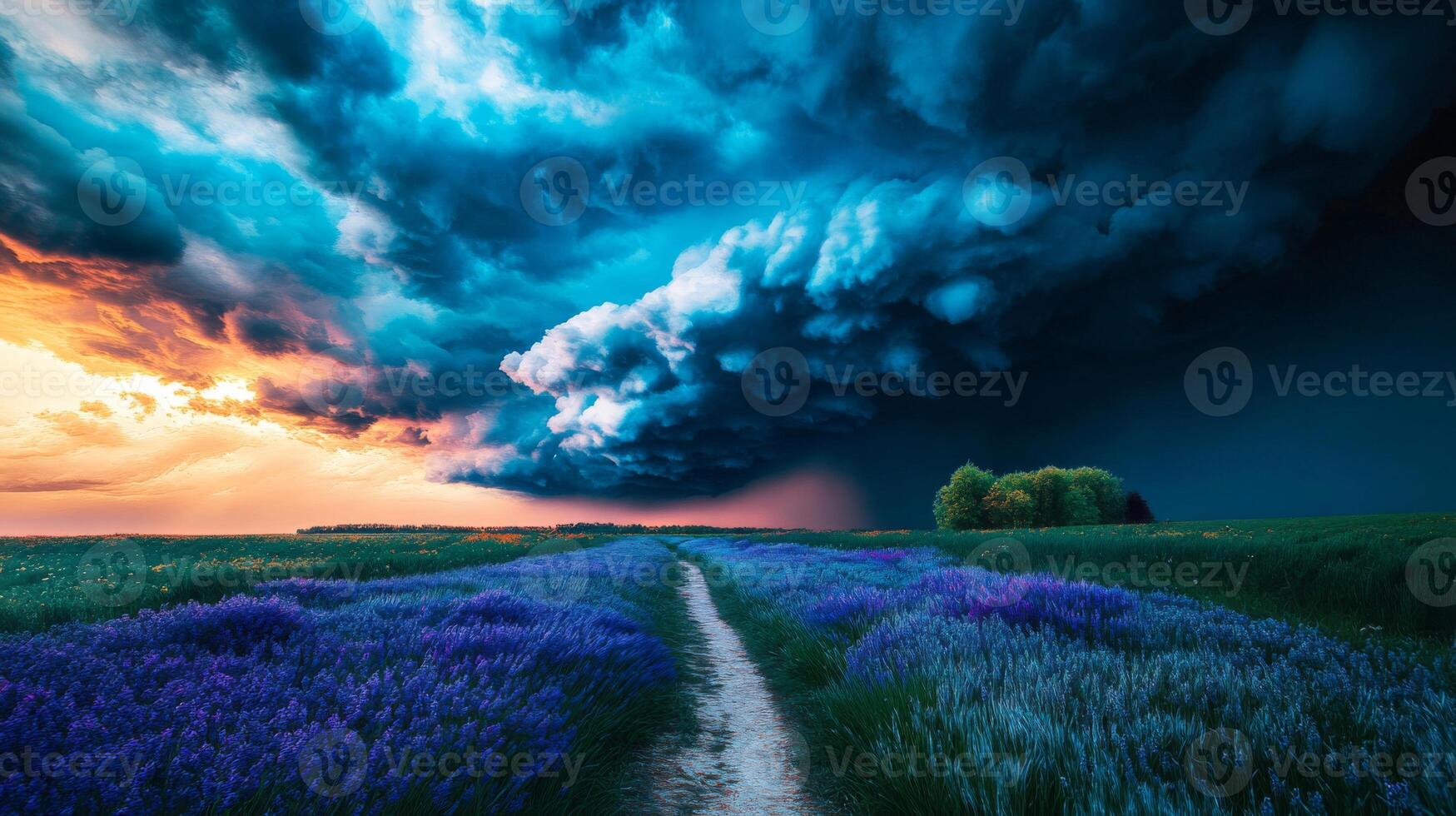 Dramatic Storm Clouds Over Lavender Field at Sunset photo