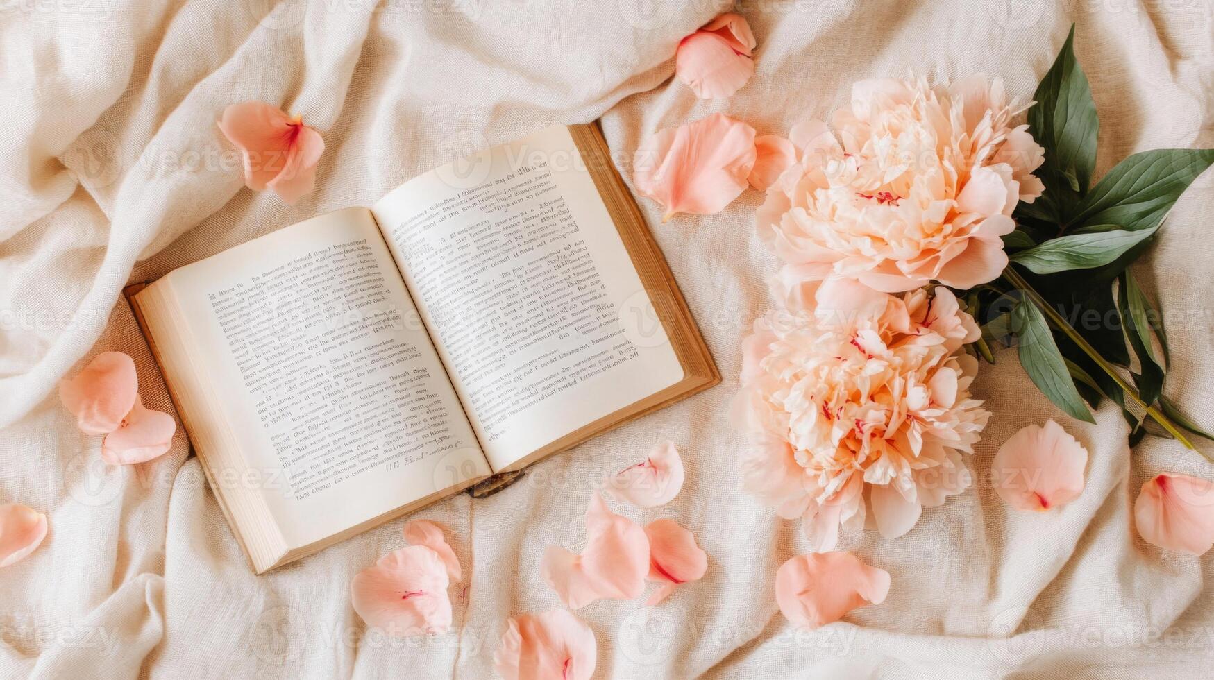 Open Book with Peach Peonies on Cream Blanket photo