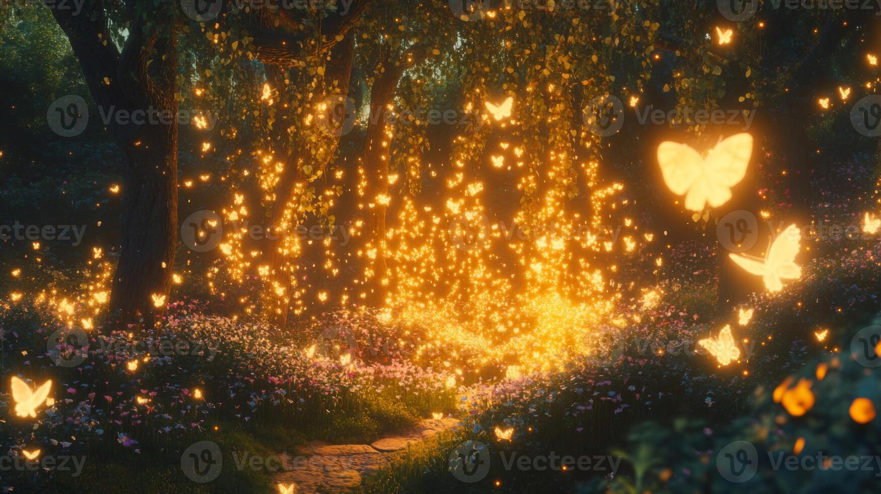 Glowing Butterflies in an Enchanted Forest at Night photo