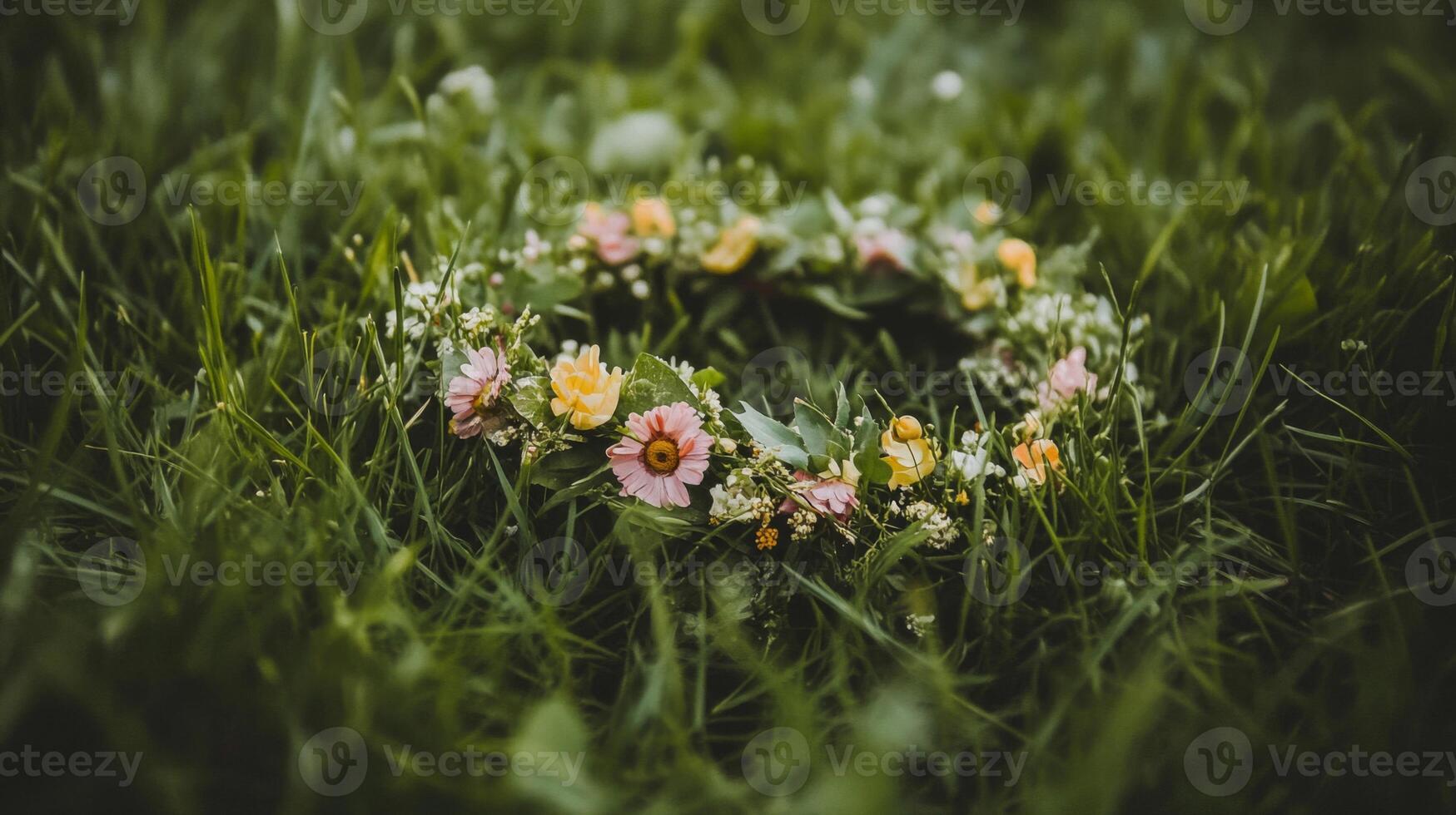 Delicate Flower Crown Resting in Lush Green Grass photo