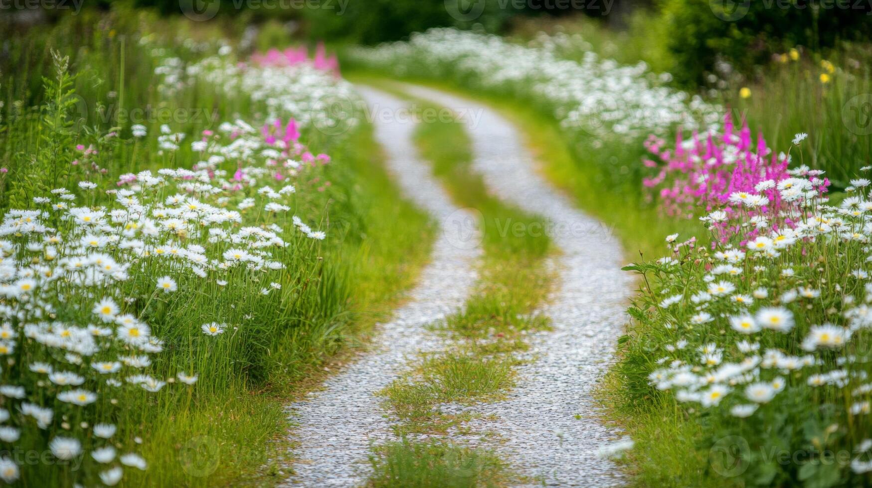 White and Pink Wildflowers Blooming Along a Winding Gravel Path photo