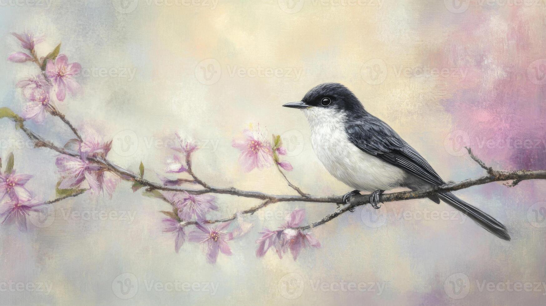 Small Bird Perched on a Branch with Pink Blossoms photo