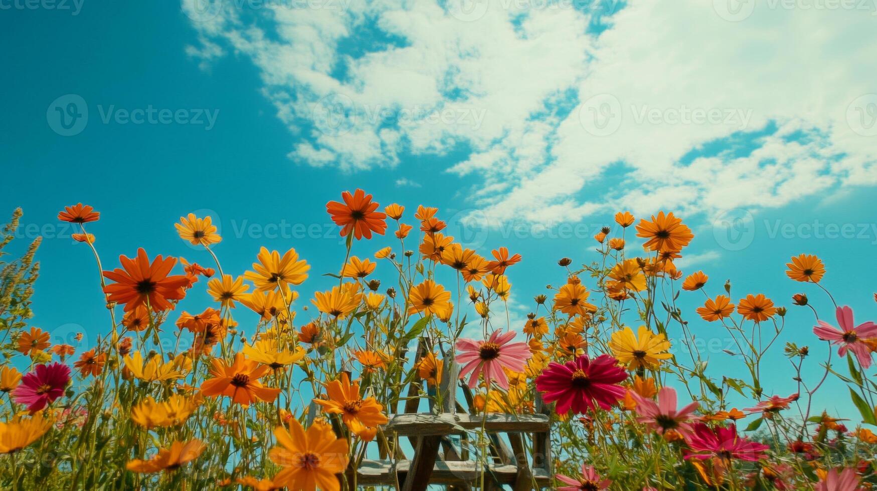 Vibrant Yellow Orange and Pink Cosmos Flowers under a Sunny Blue Sky photo