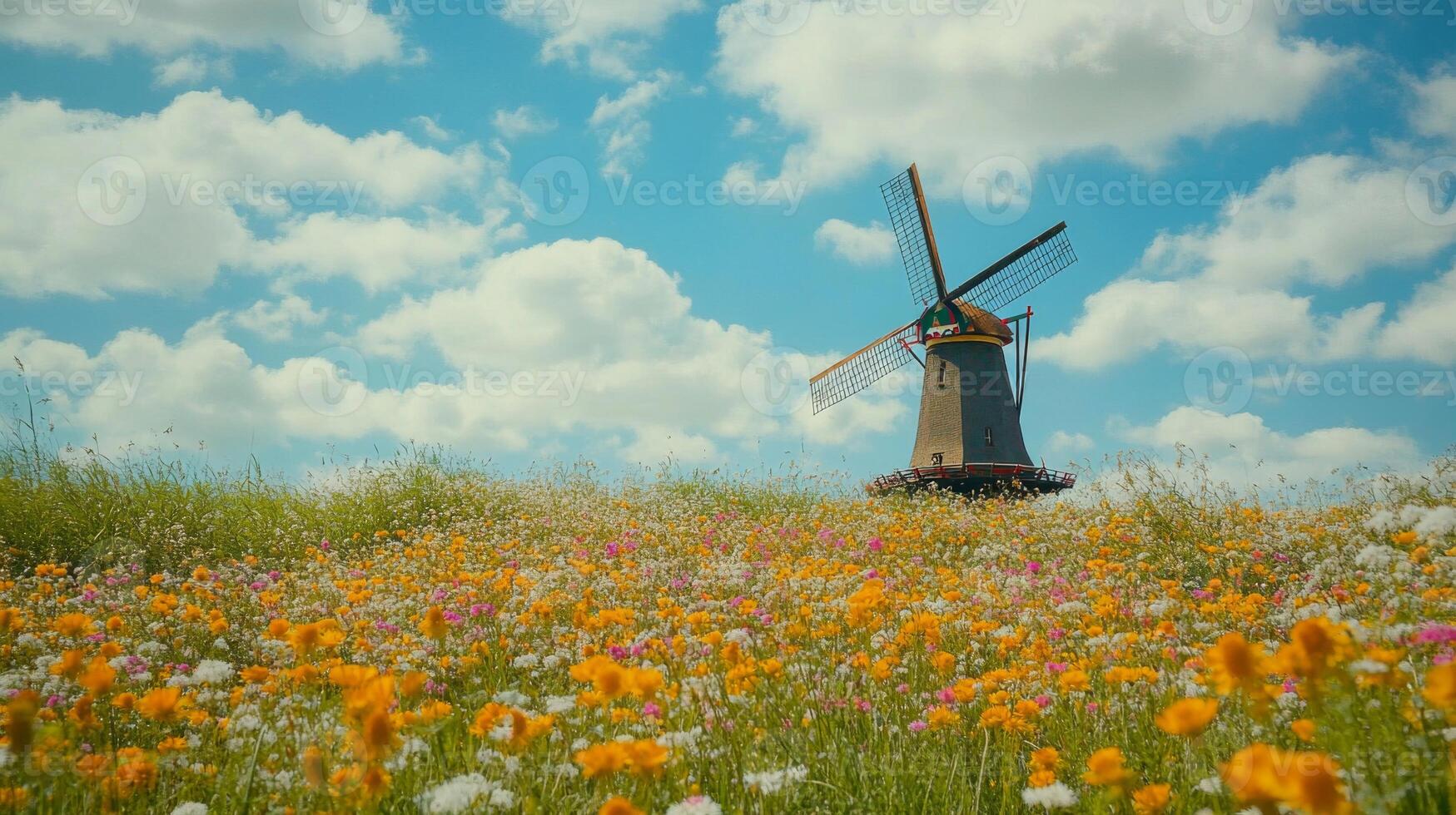 Windmill in a Colorful Wildflower Field Under a Sunny Sky photo