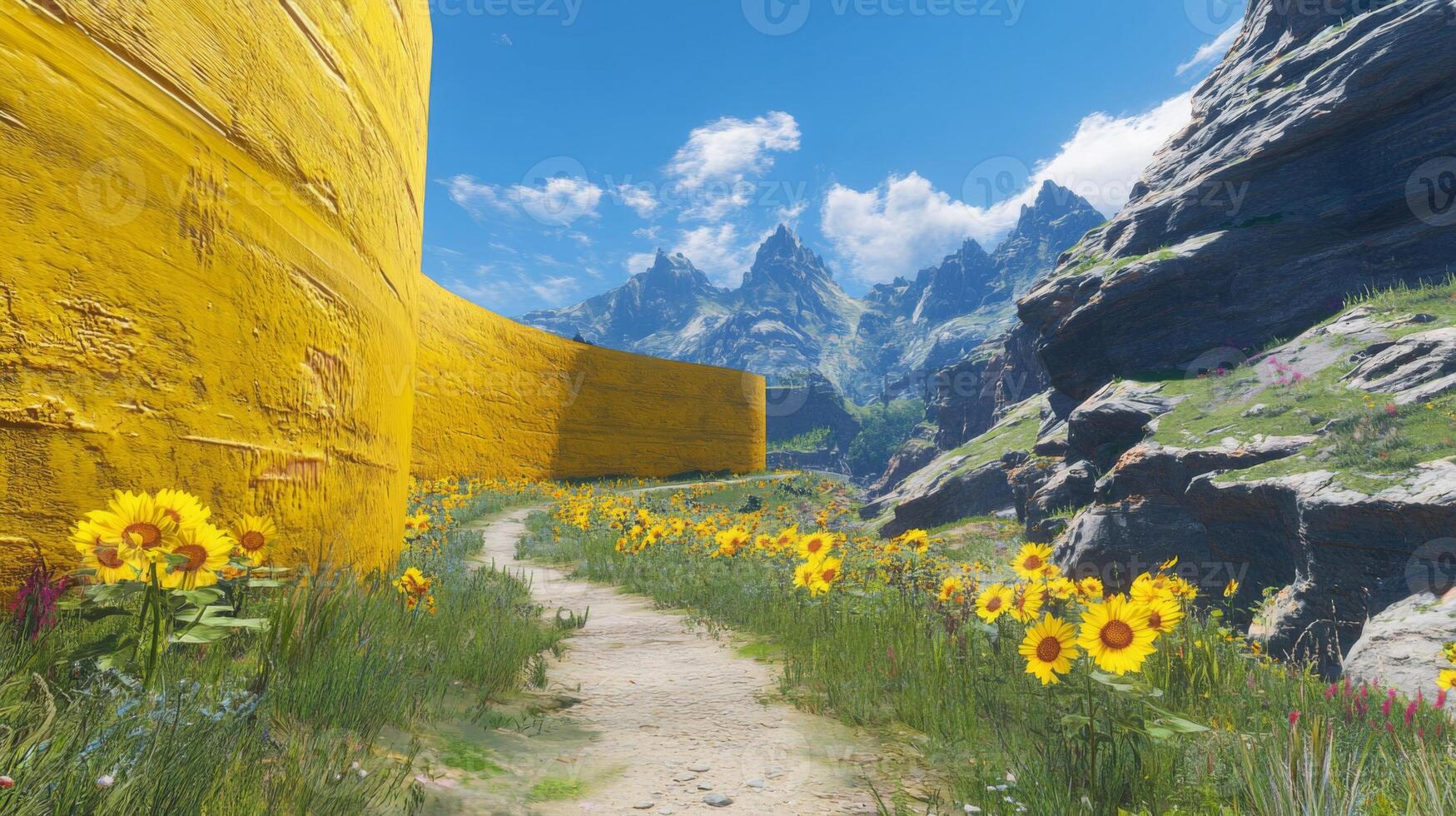 Sunflowers Path Through Golden Walls and Mountains photo