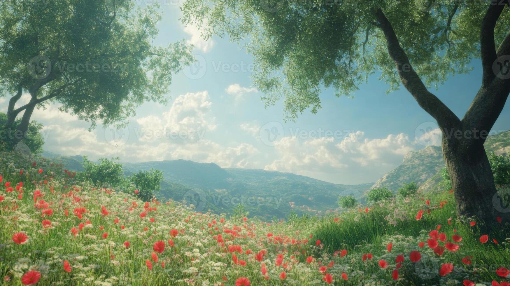 Sunny Day Landscape with Poppy Field and Olive Trees photo
