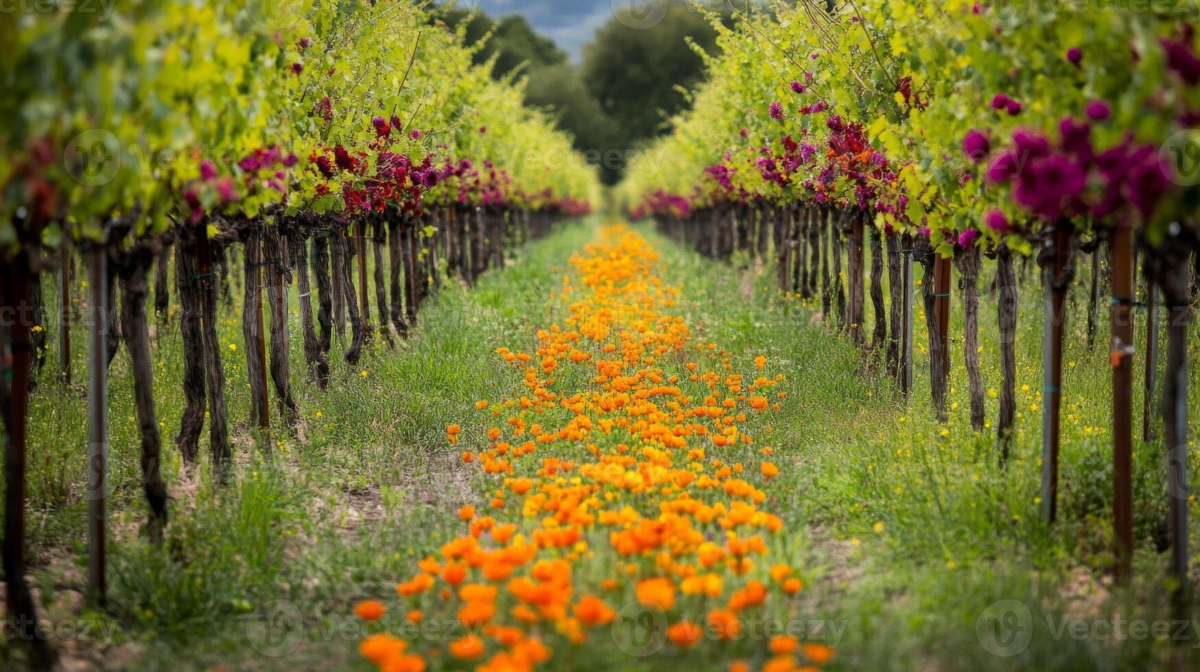 Orange Flowers Blooming Between Rows of Grapevines photo