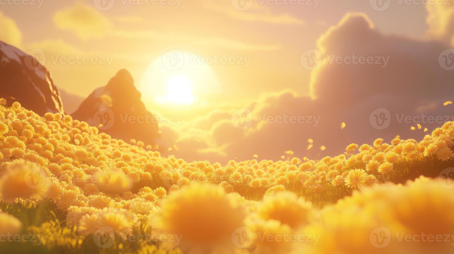 Golden Sunset Over a Field of Yellow Flowers and Mountains photo