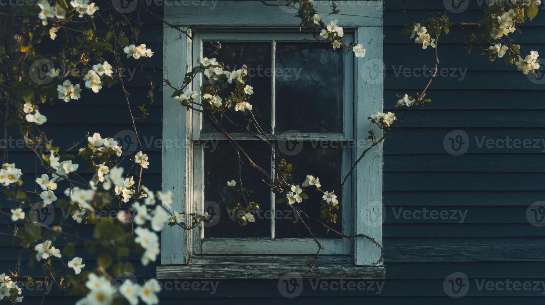 White Flowers Blooming Around Old Window of Rustic House photo