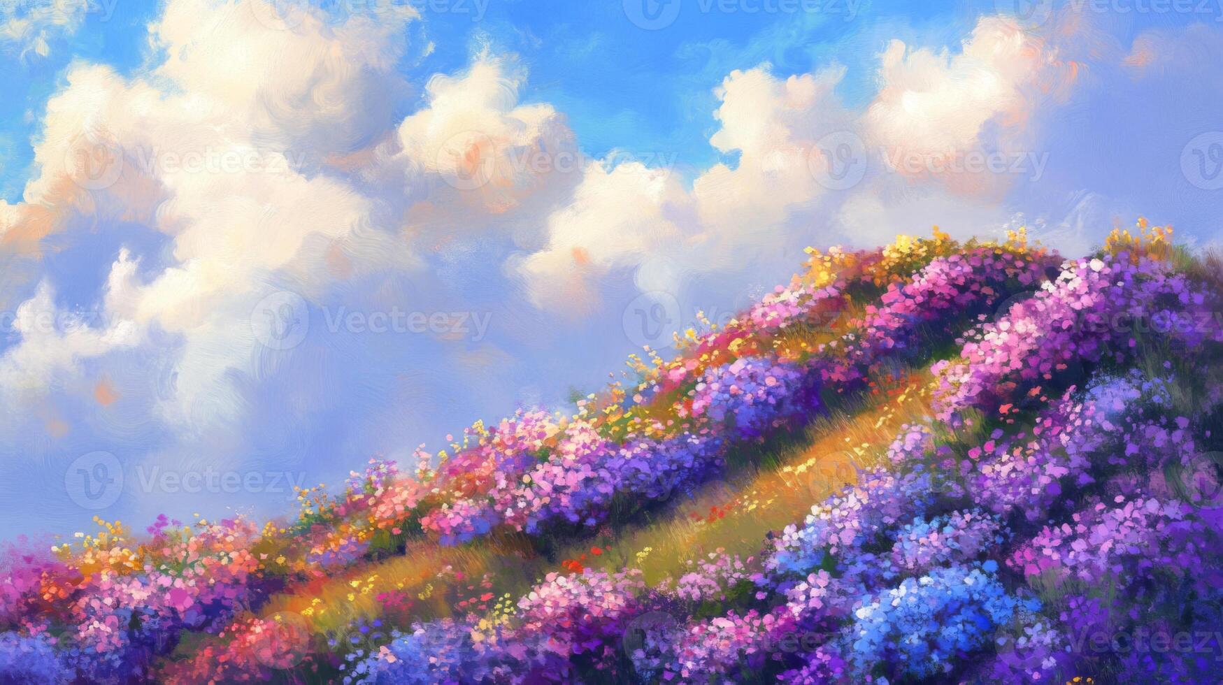 Vibrant Hillside of Purple and Blue Flowers under a Sunny Sky photo