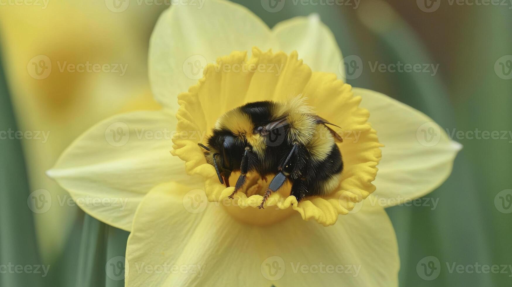 Bumblebee on Yellow Daffodil Close Up photo