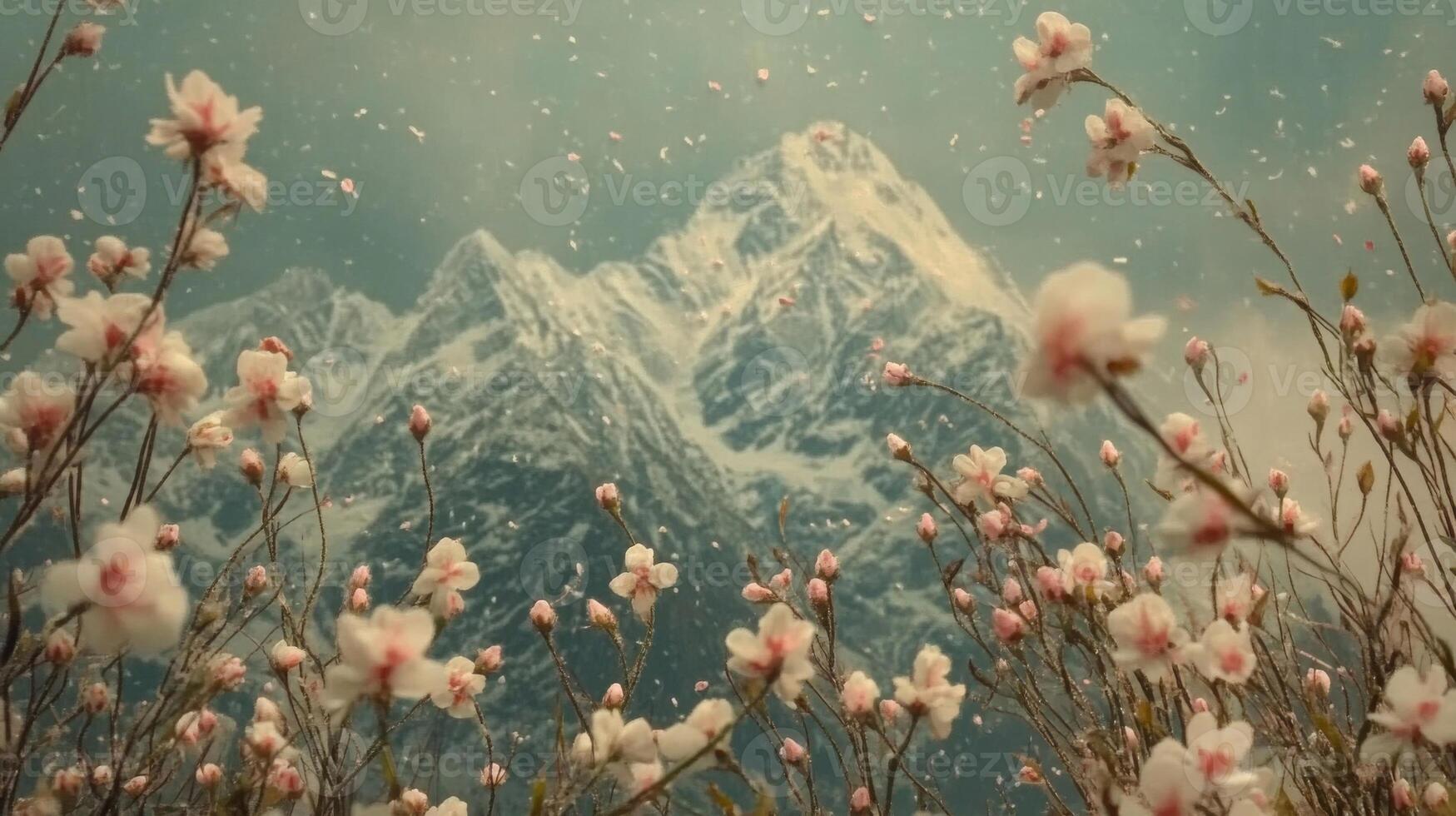 Snowy Mountain Peak with Pink and White Blossoms photo