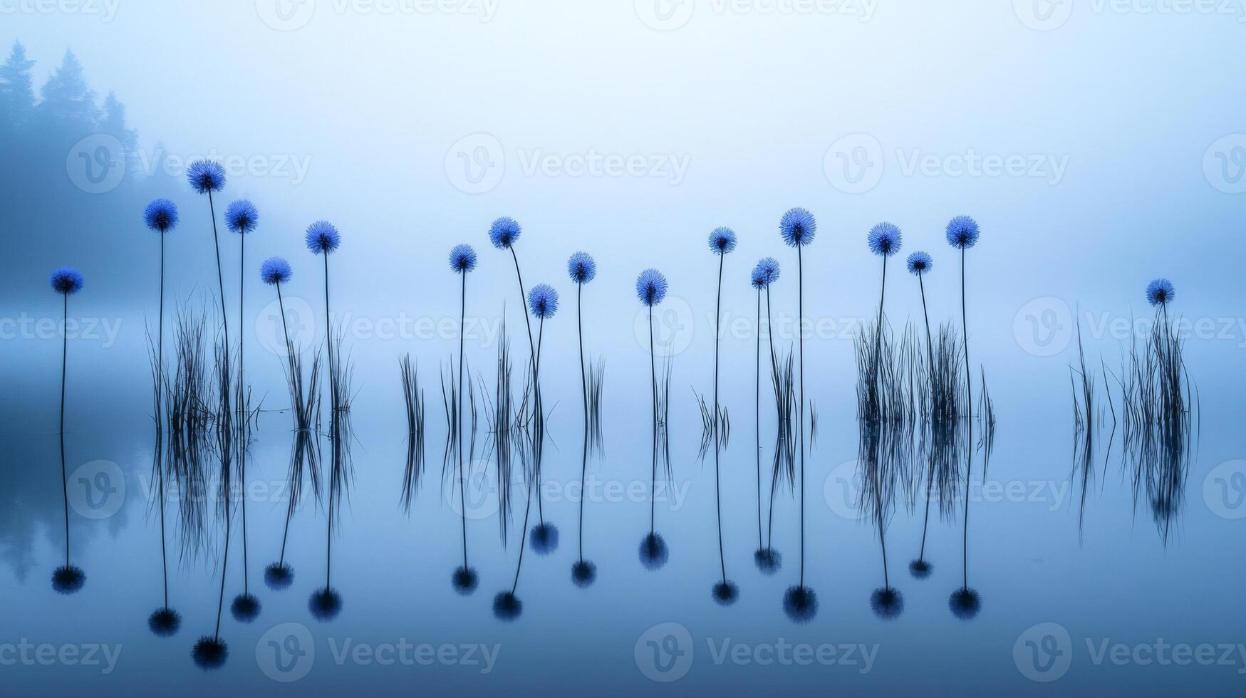 Blue Flowers Reflecting in a Foggy Lake photo