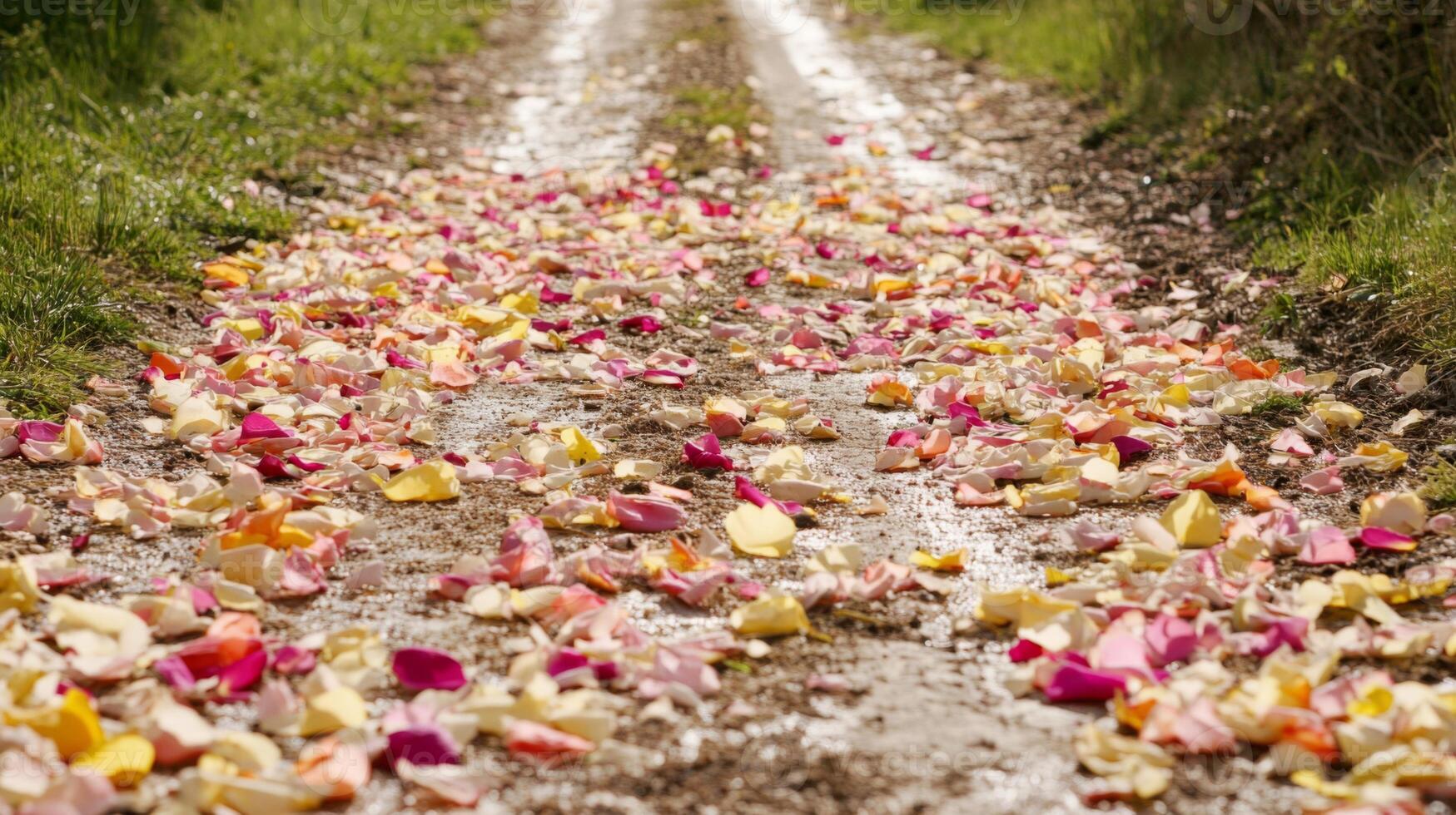 Colorful Rose Petals Scattered on a Dirt Road photo