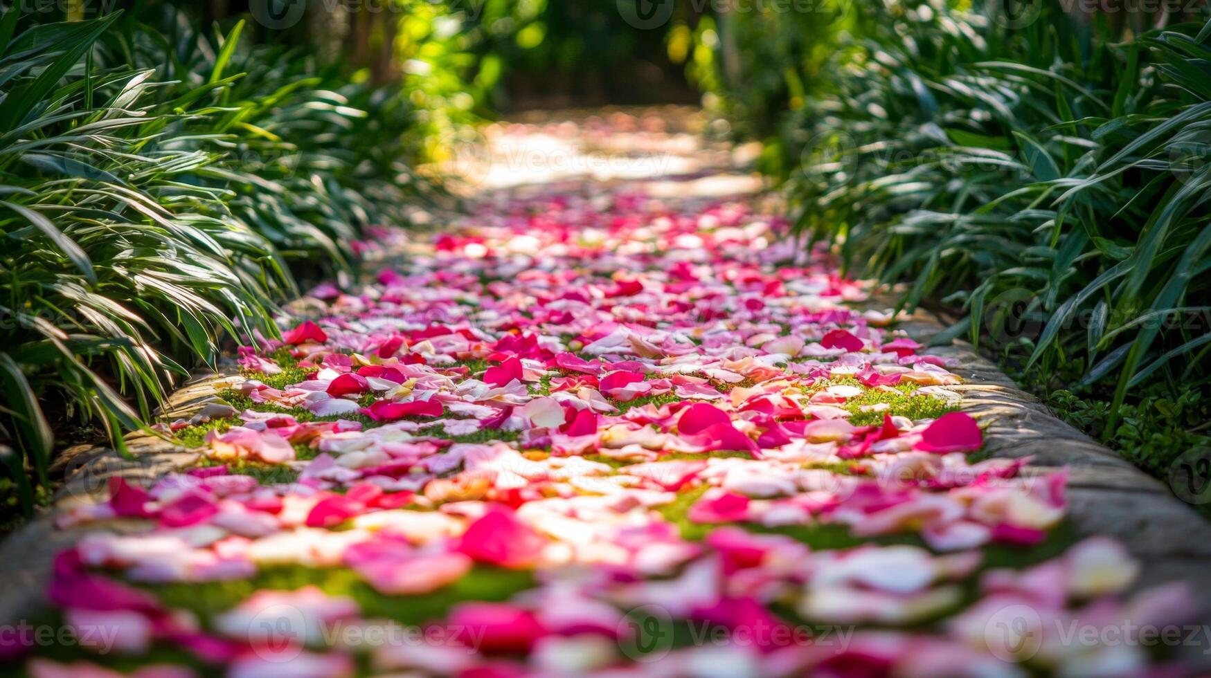 Pink and Red Rose Petals Path in a Lush Garden photo