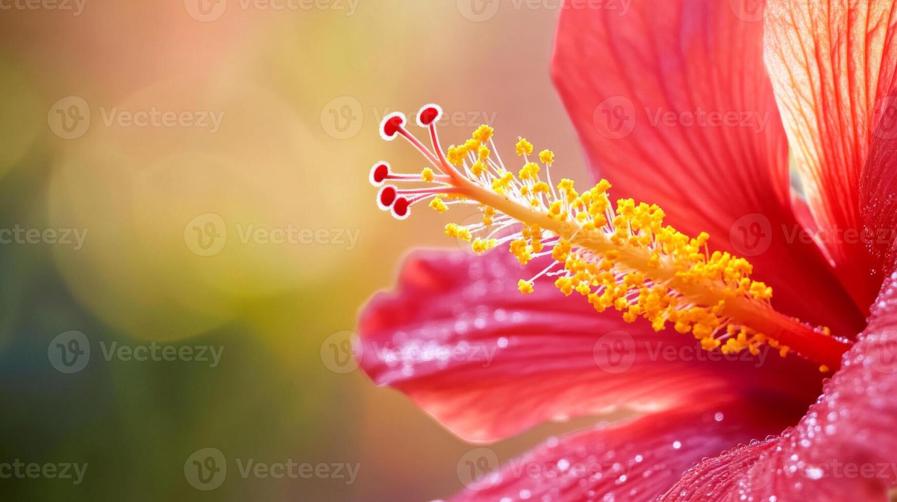 Closeup of a Vibrant Red Hibiscus Flower with Dew Drops photo
