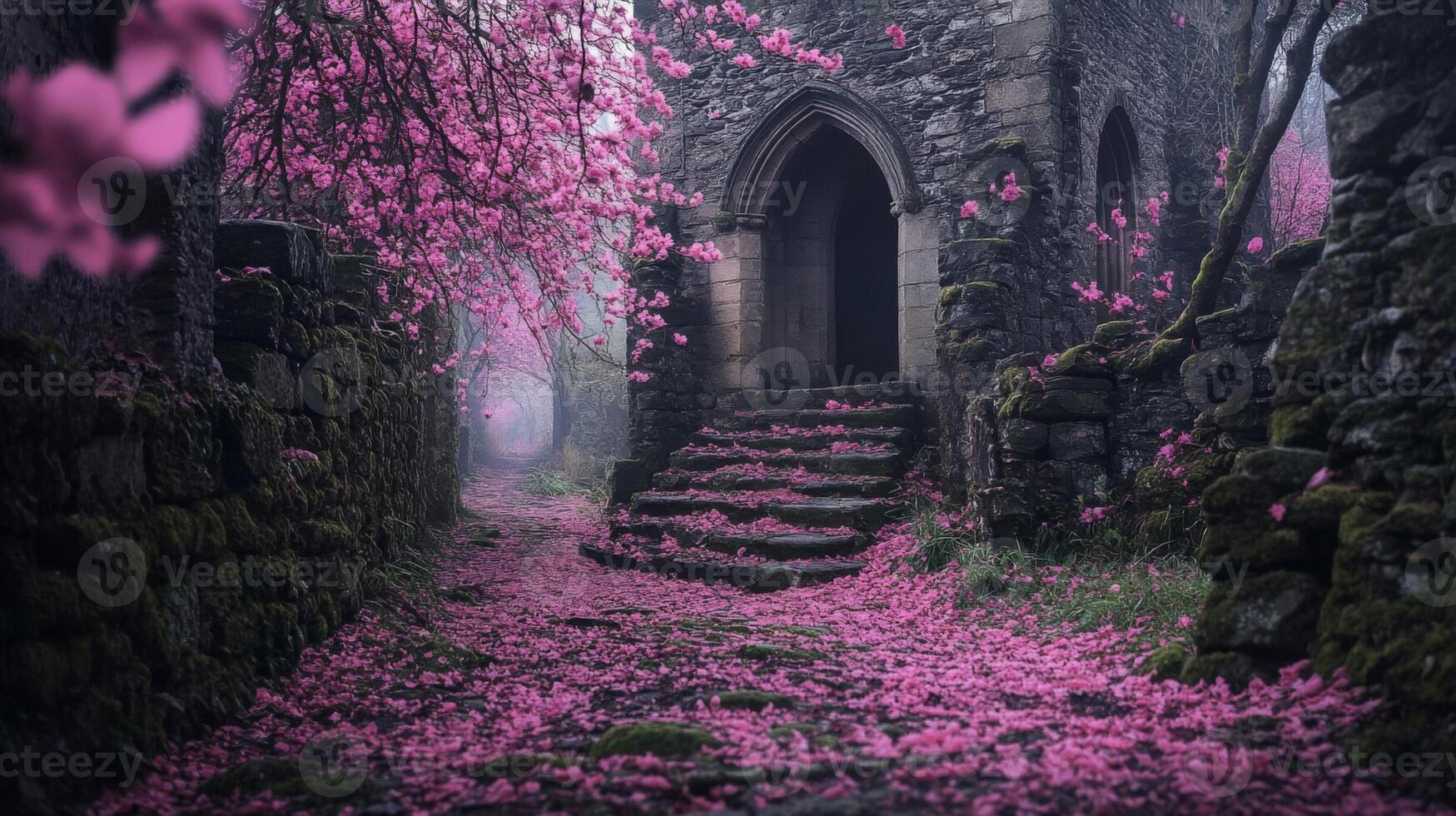 Pink Blossom Pathway to Ancient Stone Ruins photo