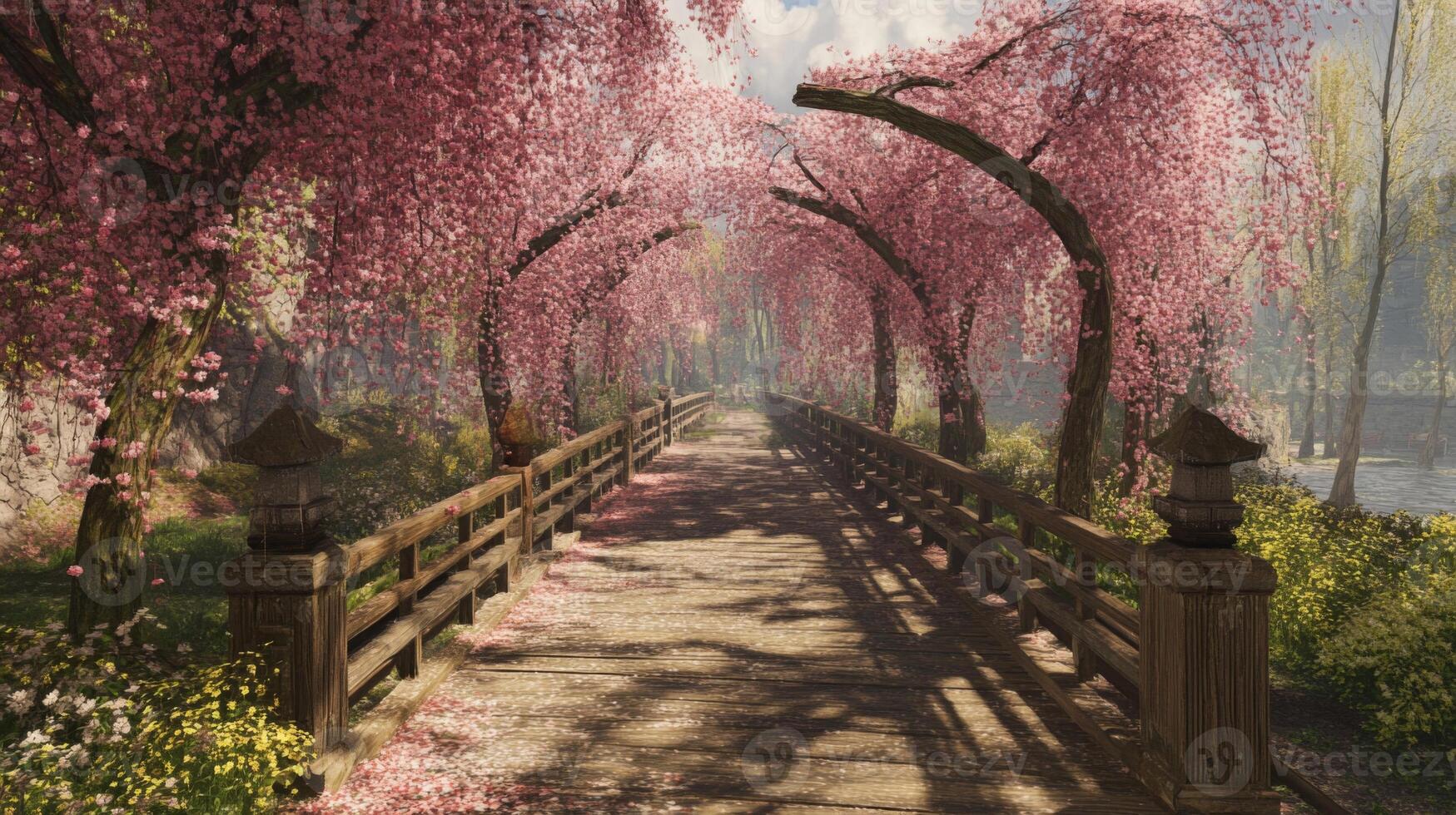 Pathway Through Pink Cherry Blossom Trees in a Japanese Garden photo