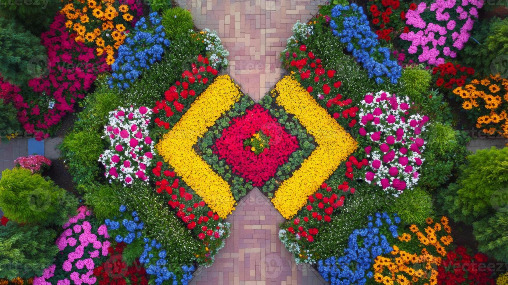 Vibrant Colorful Flower Garden Design Aerial View photo