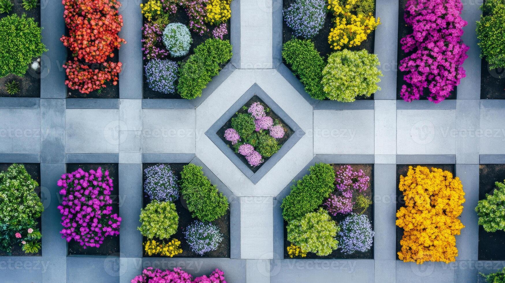 Colorful Geometric Garden Design with Vibrant Flowers photo