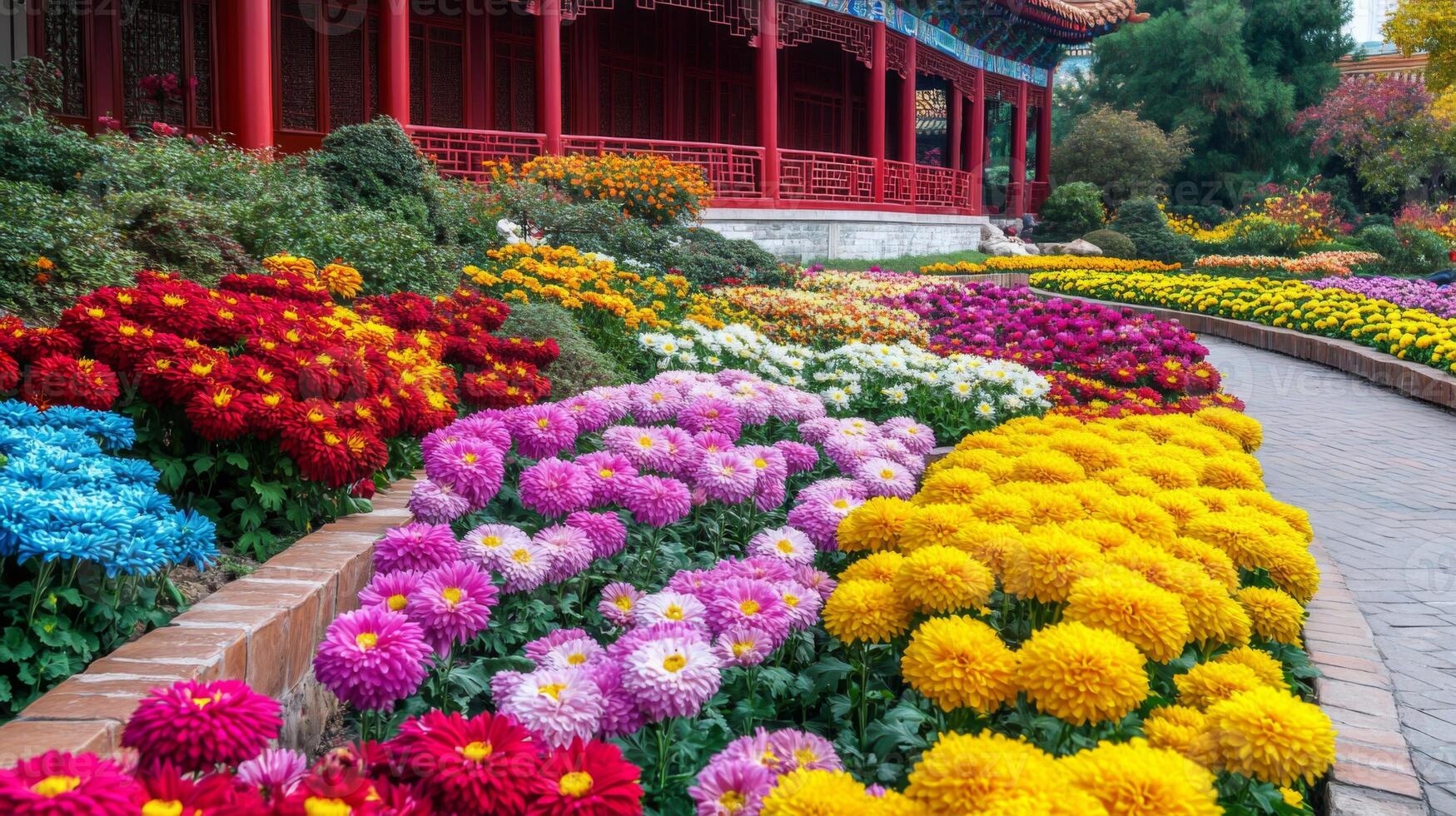 Colorful Chrysanthemum Garden with Traditional Architecture photo