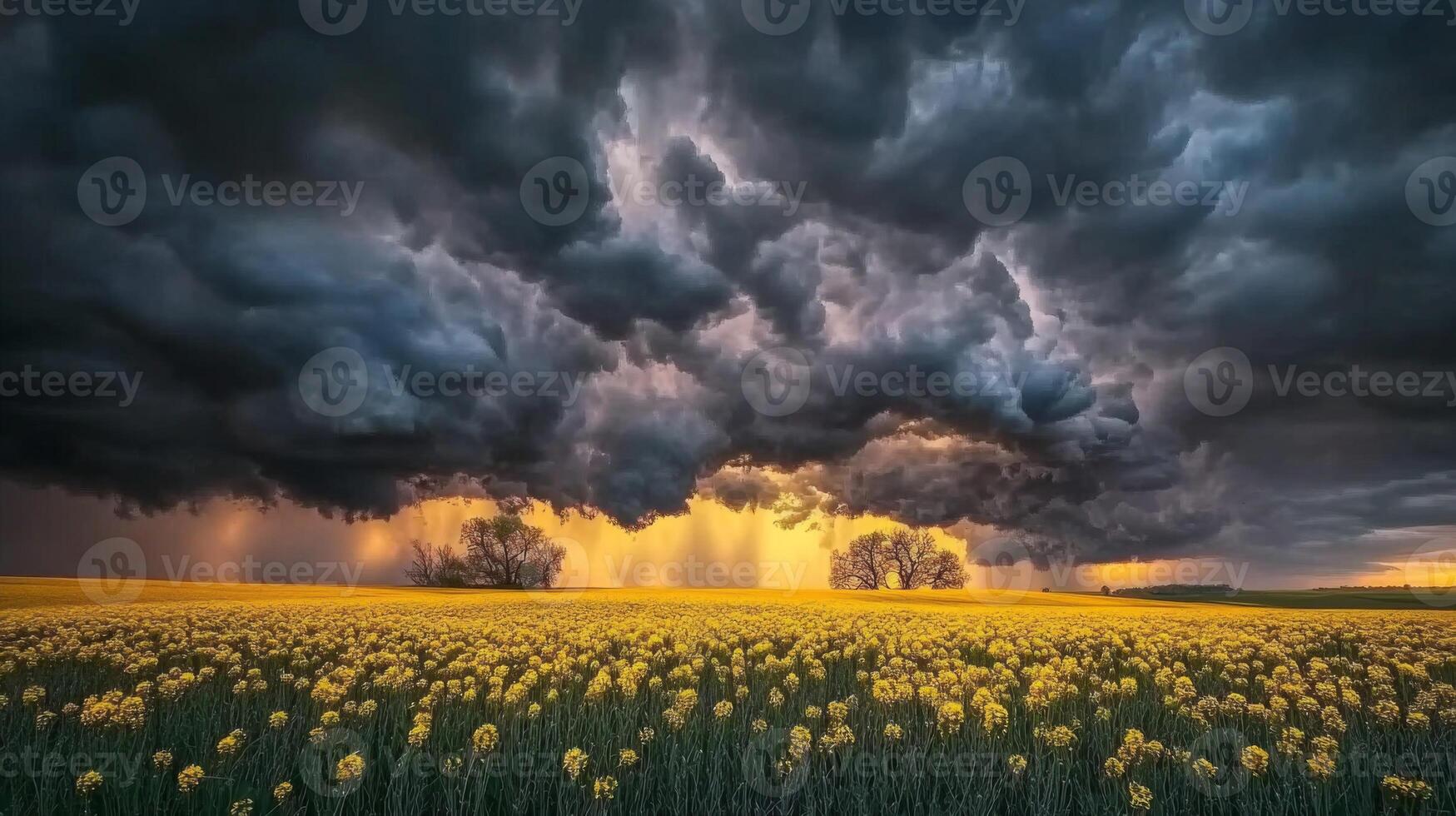 Dramatic Storm Clouds Over Yellow Flower Field photo