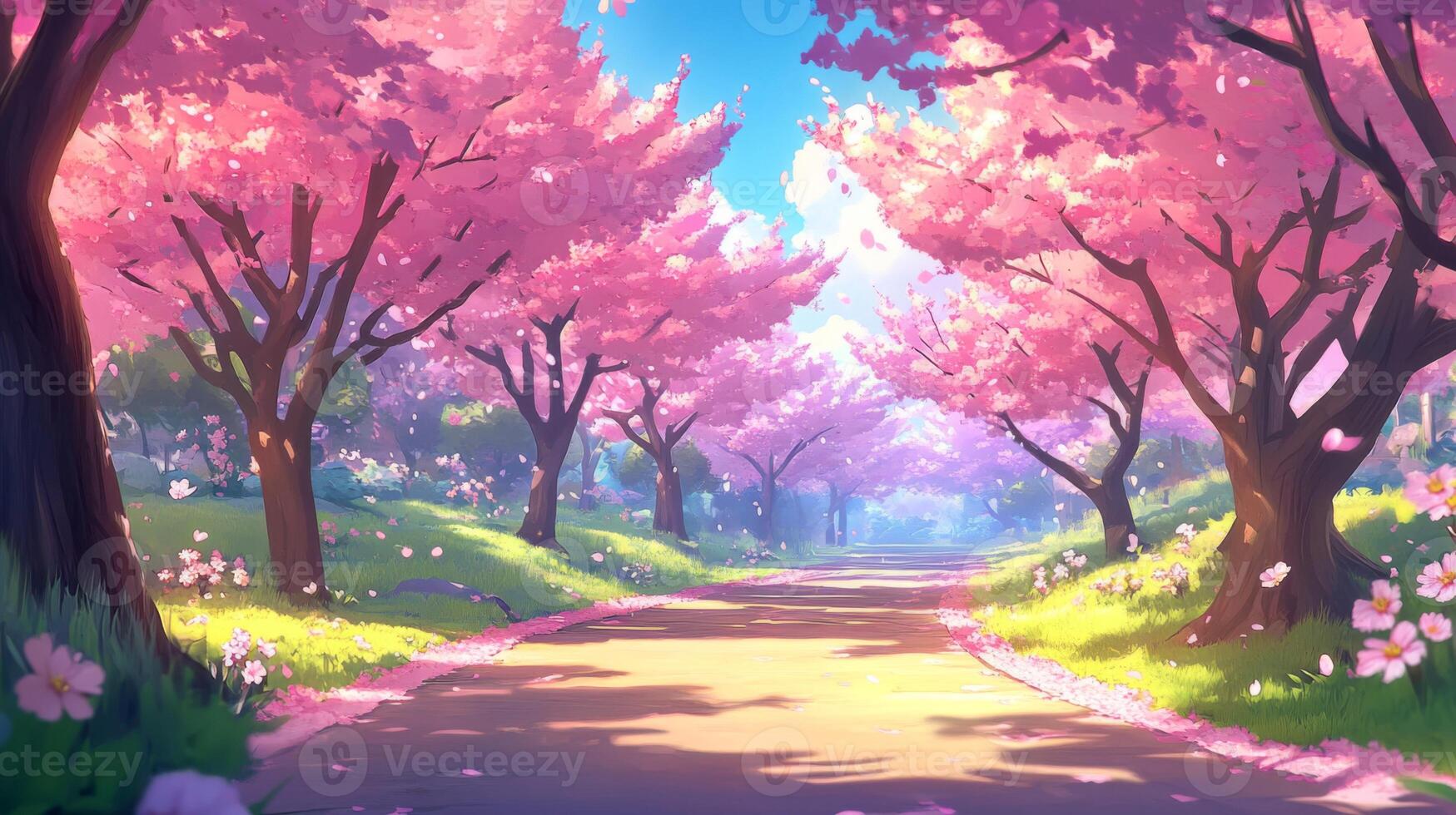 Pink Cherry Blossom Pathway in Spring Sunlight photo