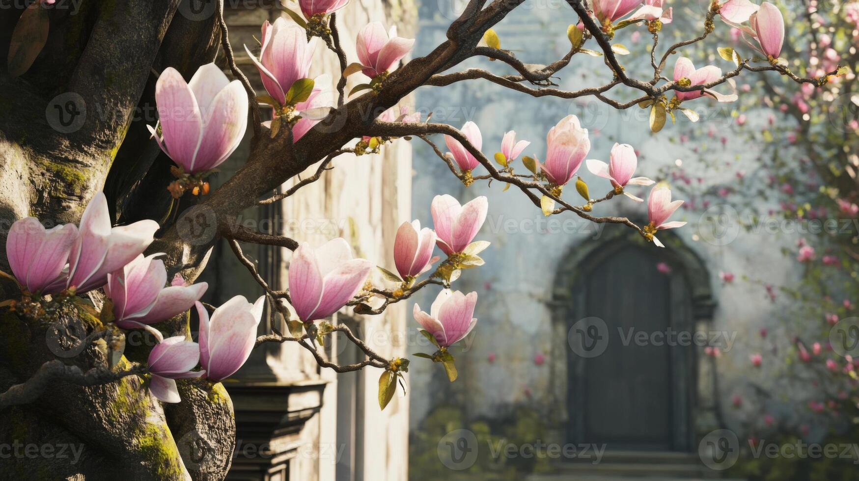 Pink Magnolia Blossoms Blooming on Tree Branch Near Old Stone Building photo