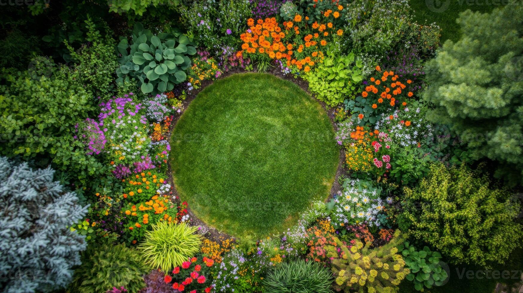 Circular Garden with Colorful Flowers and Lush Greenery photo