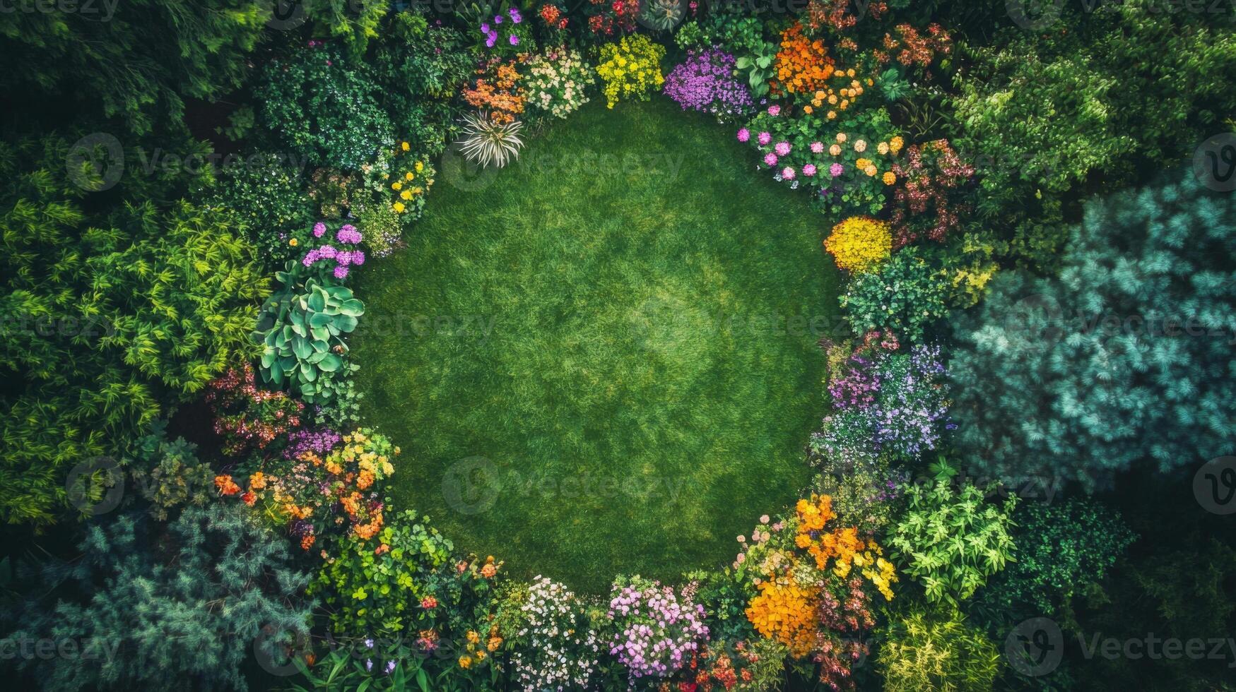 Aerial View of Lush Green Garden with Colorful Flower Circle photo