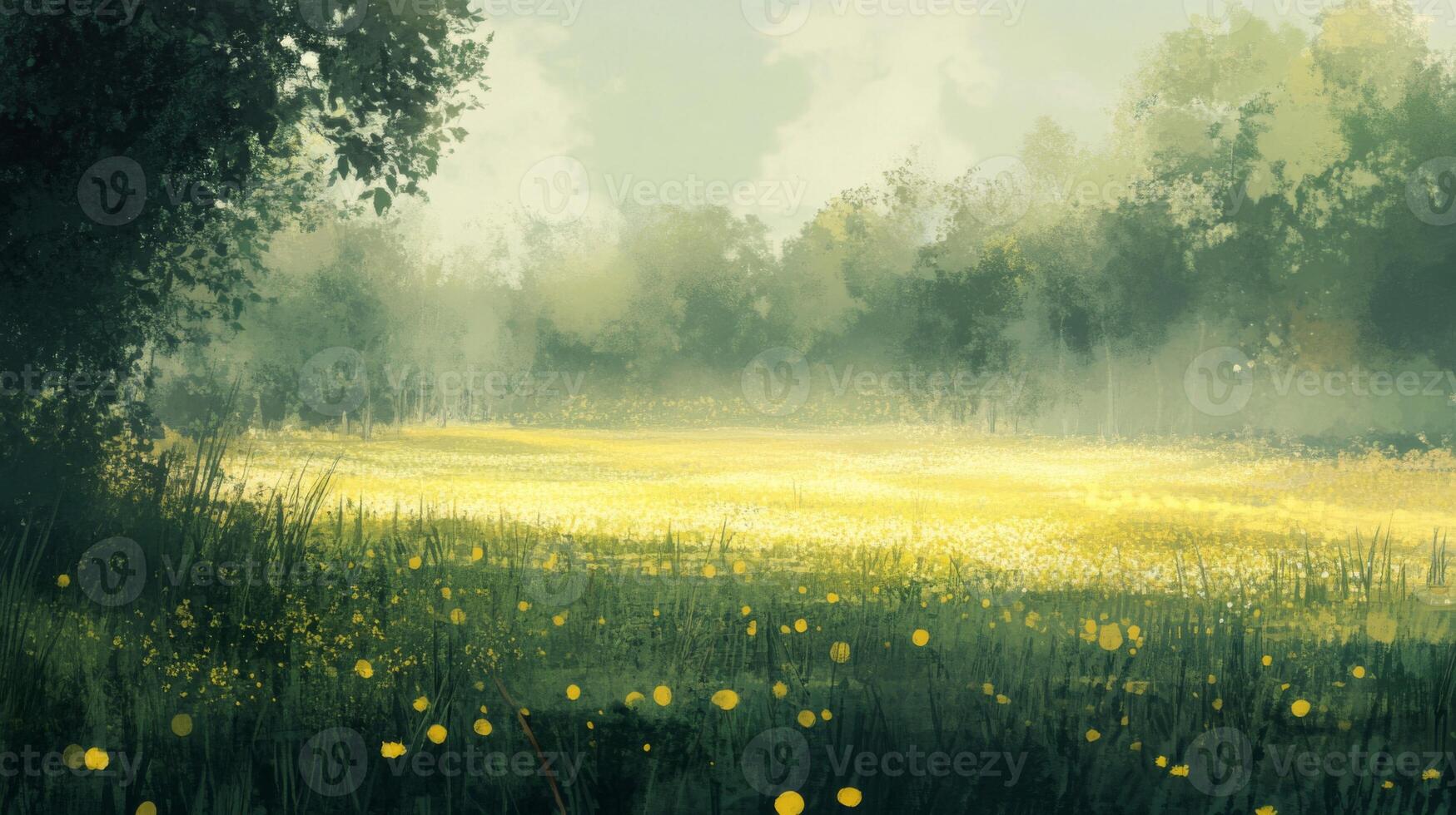 Bright Yellow Flower Field in Soft Morning Light photo