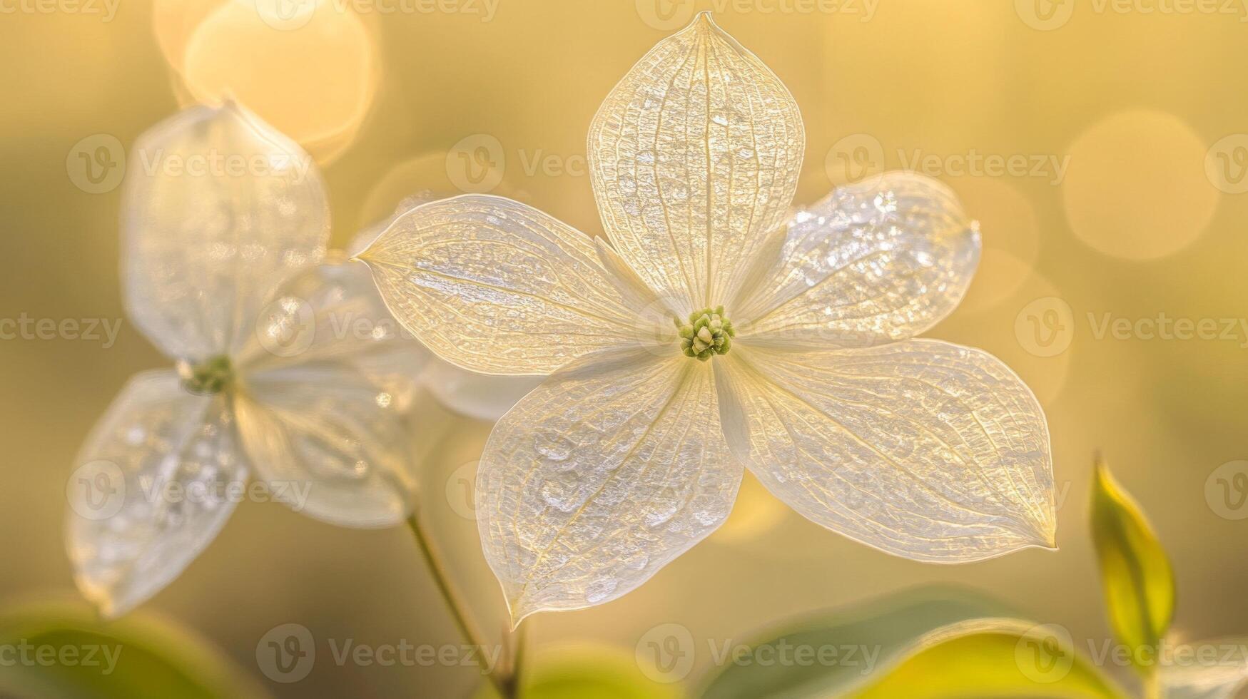 Close Up of Dew-Covered White Flowers with Soft Golden Background photo