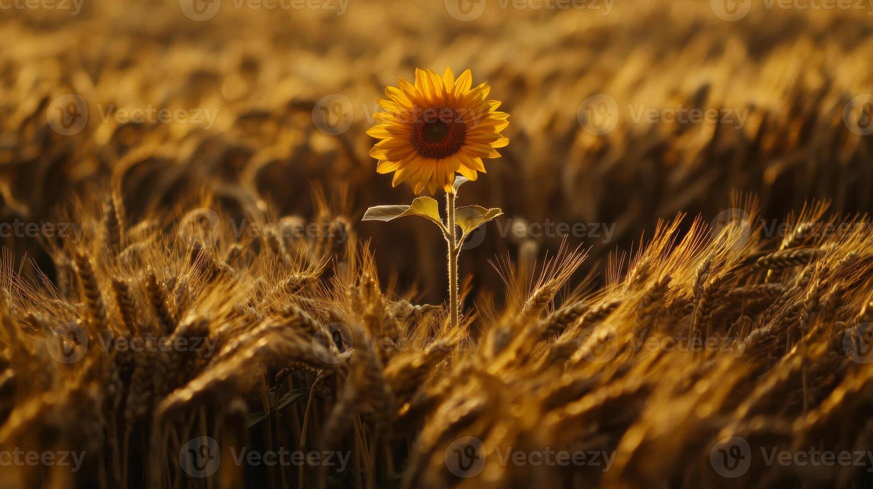 Single Sunflower in a Golden Wheat Field at Sunset photo