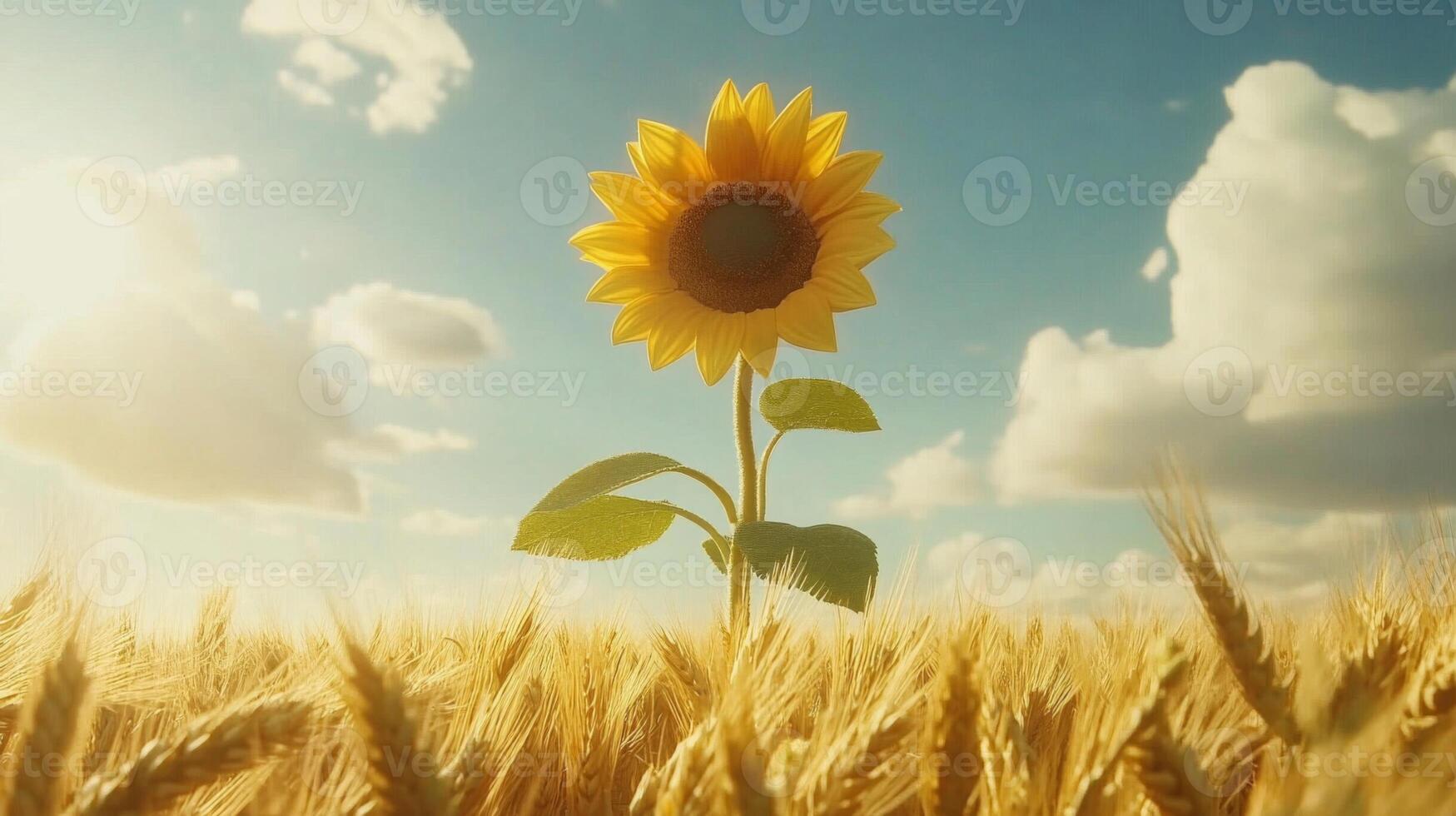 Single Sunflower in a Golden Wheat Field Under a Sunny Sky photo