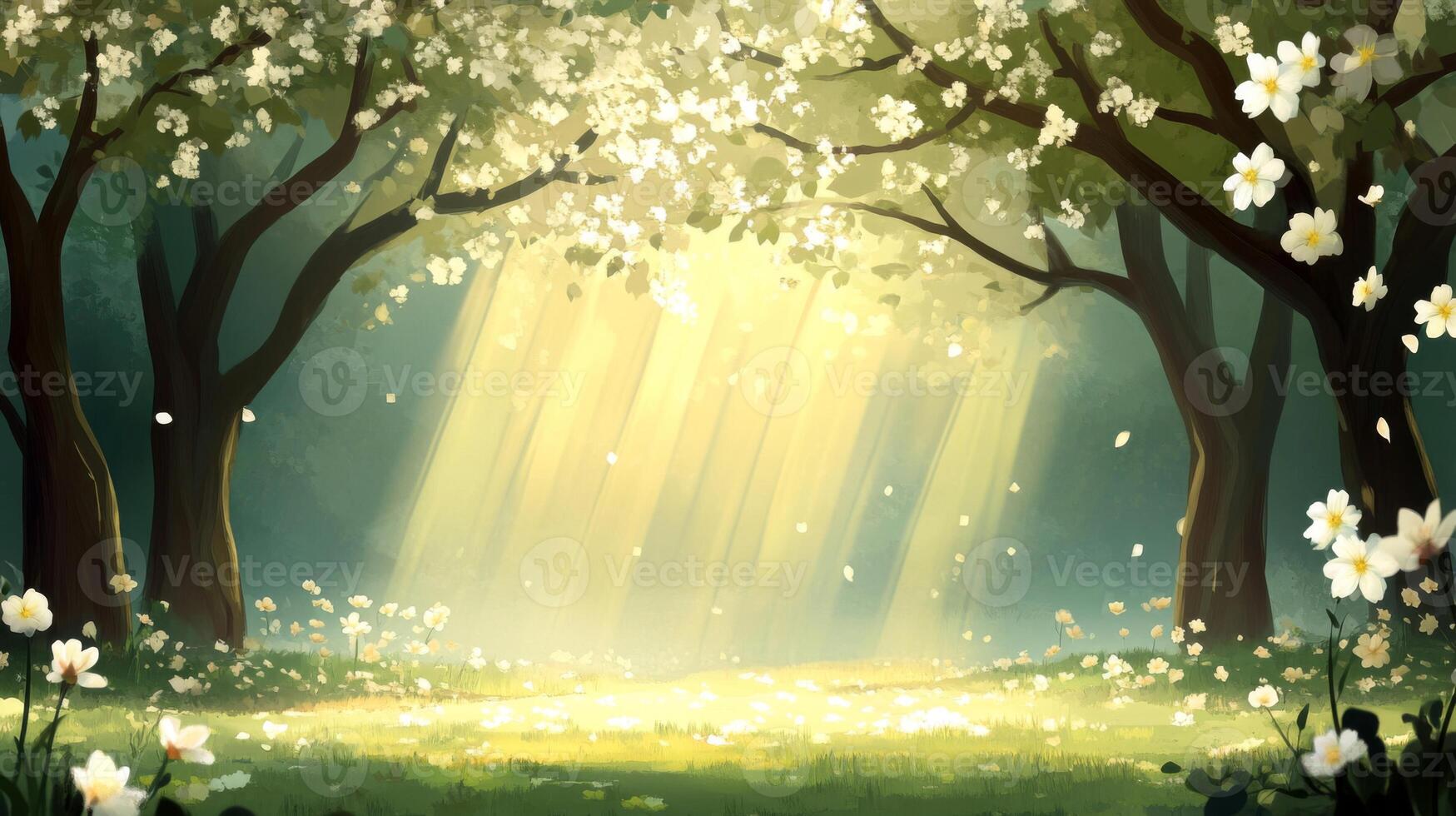 Sunlit Forest Clearing with White Flowers photo
