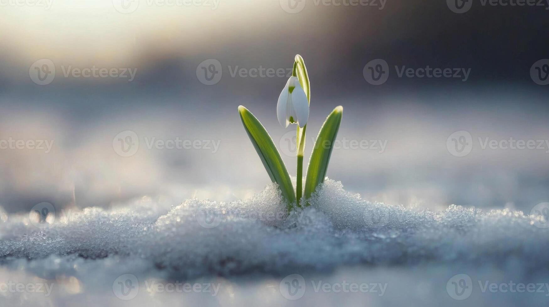 White Snowdrop Flower Emerging from Melting Snow photo