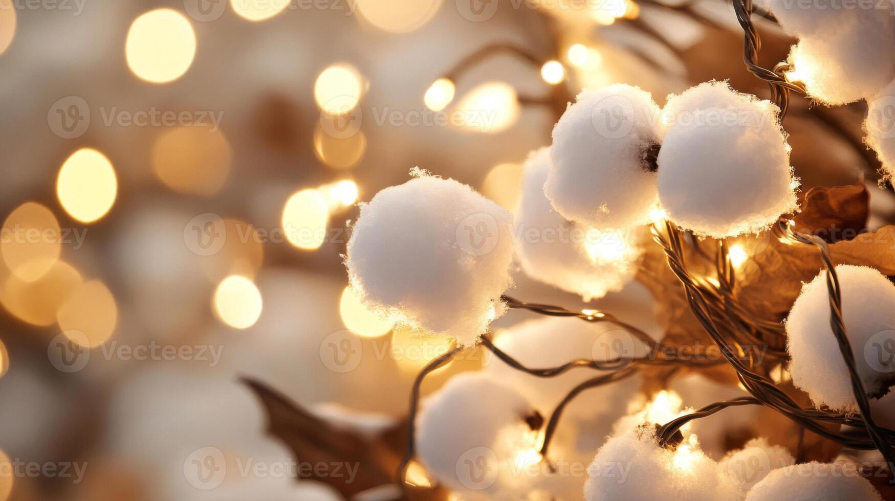 Snowy Branches with Warm Glowing Lights and Bokeh Background photo