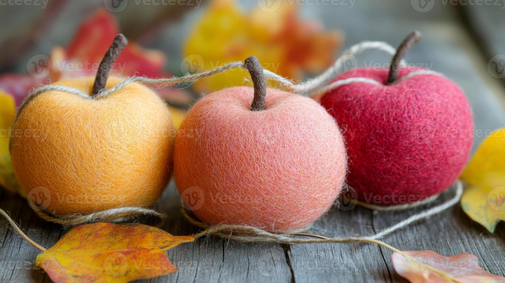 Three Felt Apples with Autumn Leaves on Rustic Wood photo