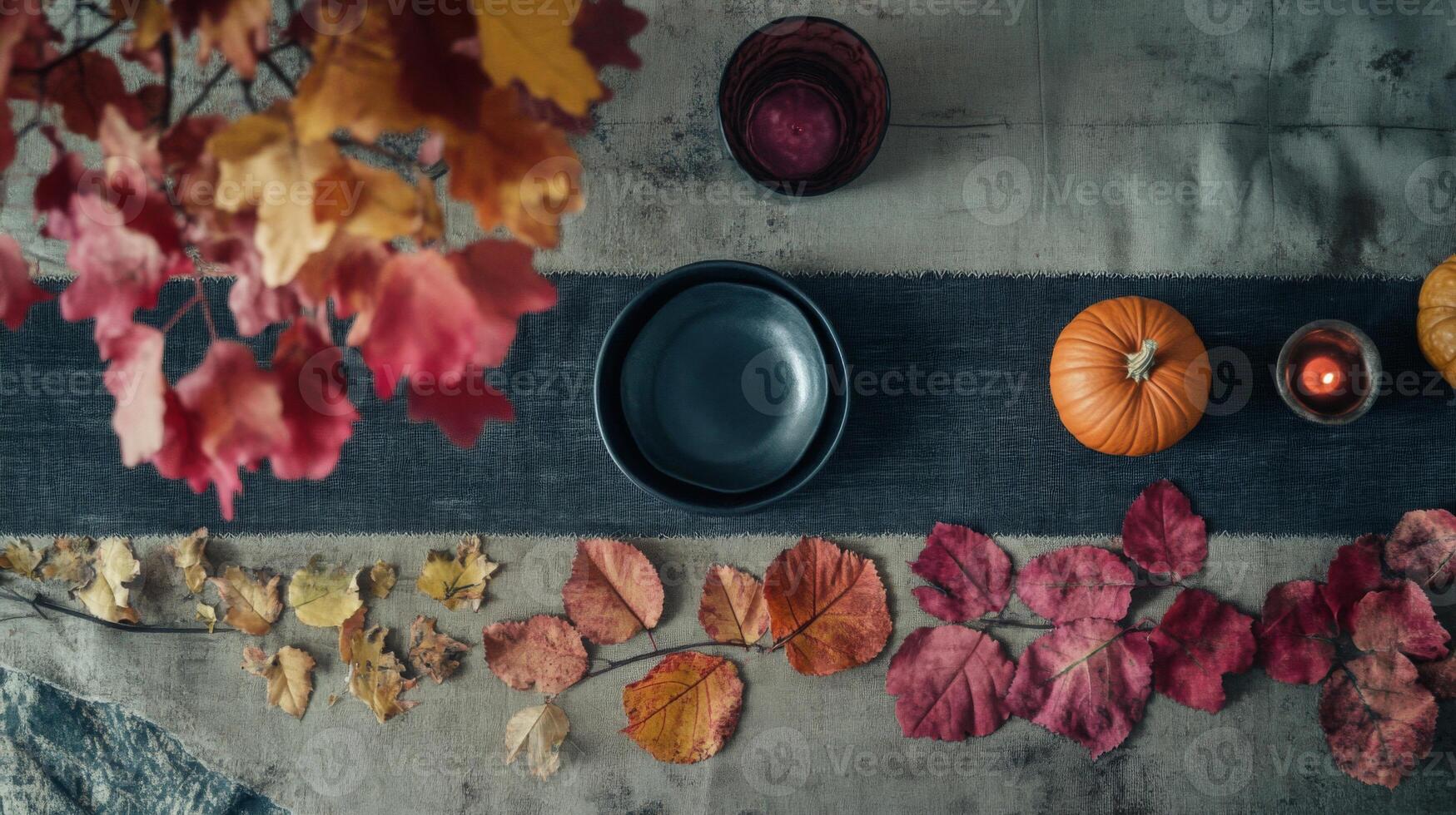 Autumnal Table Setting with Pumpkins and Leaves photo