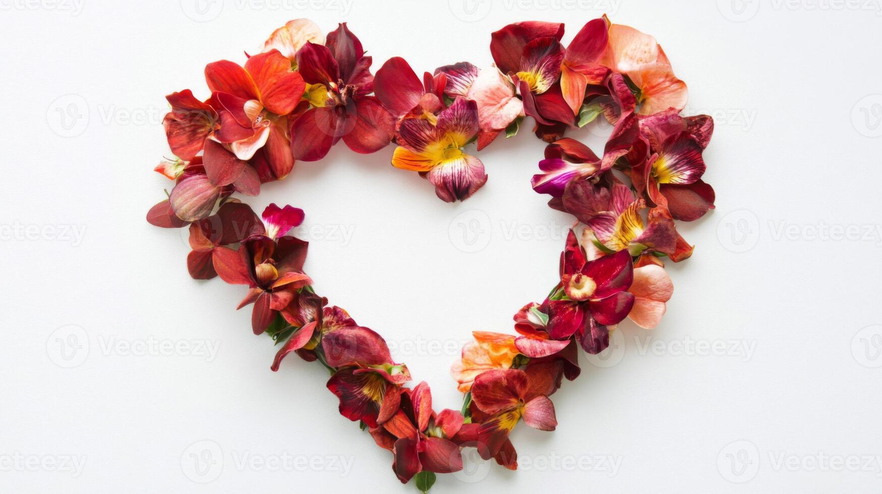 Red Flower Petals Arranged in Heart Shape on White Background photo