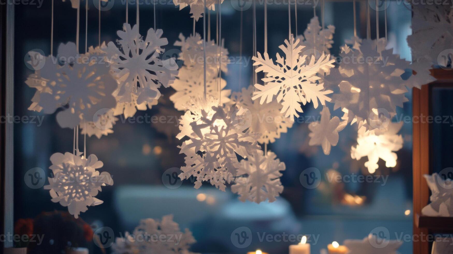 Illuminated Paper Snowflakes Hanging in a Window Display photo