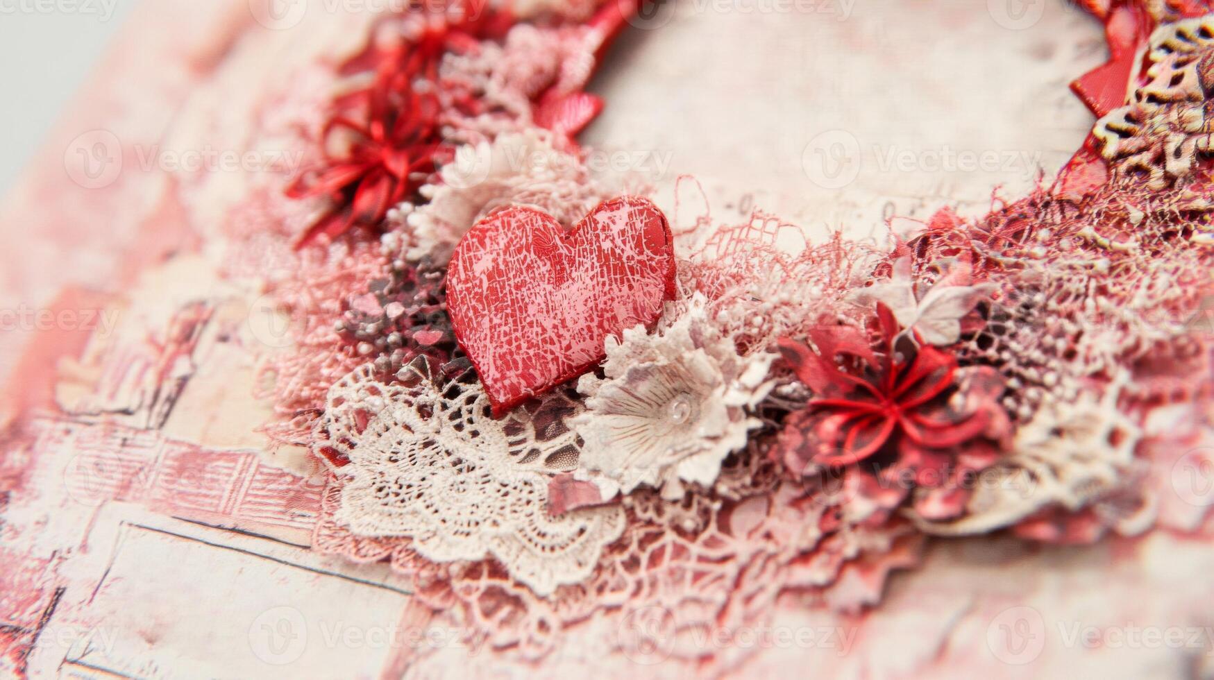 Red Heart with Lace and Floral Accents Romantic Vintage Design photo